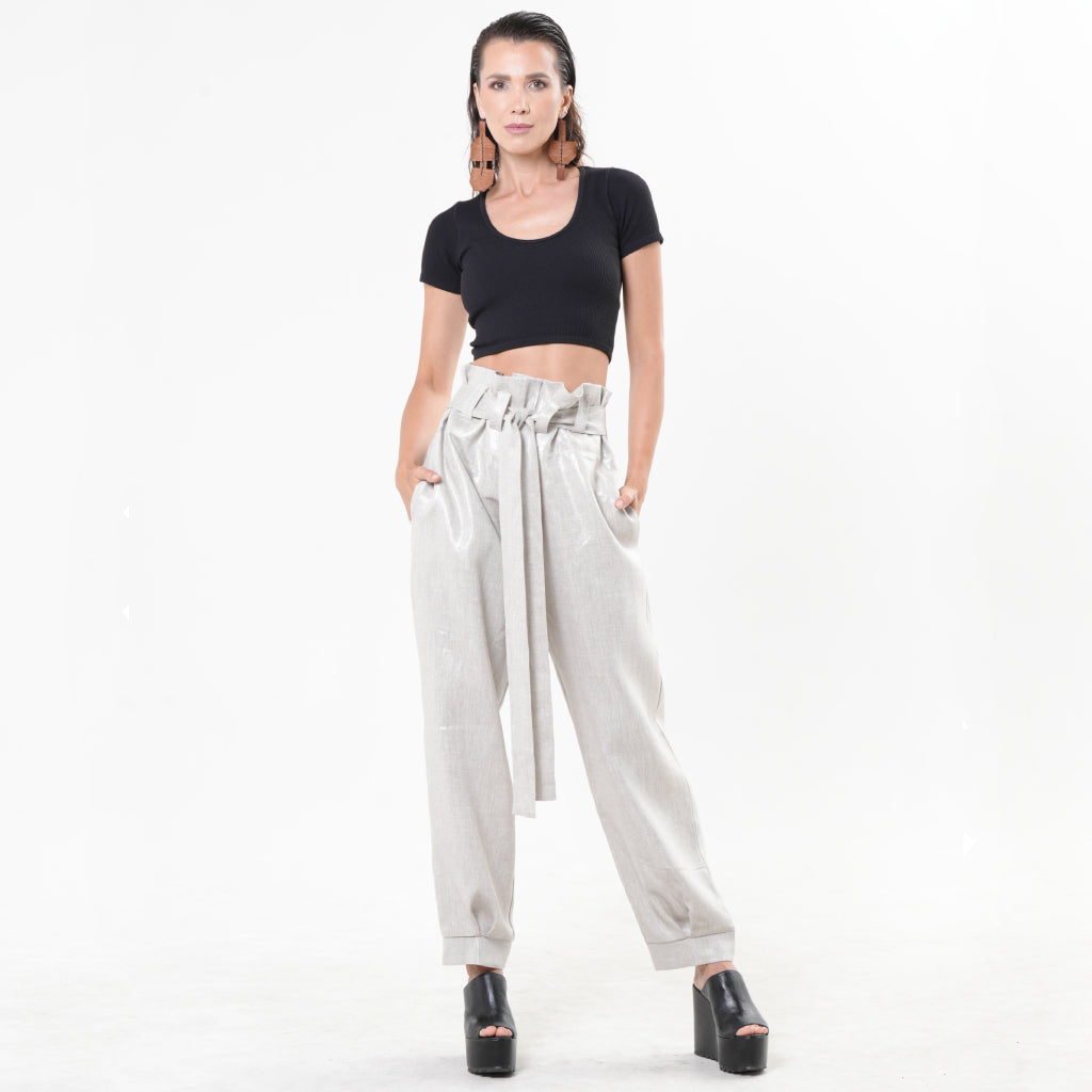 METAMORPHOZA - Silver High-Waisted Linen Pants with Belt, buy at DOORS NYC