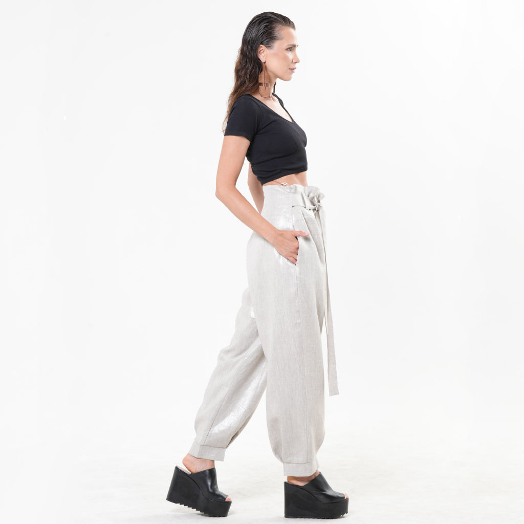 METAMORPHOZA - Silver High-Waisted Linen Pants with Belt, buy at DOORS NYC
