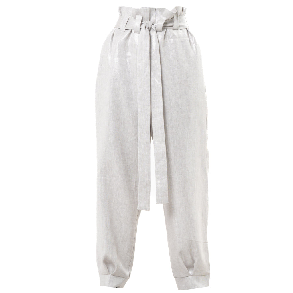 METAMORPHOZA - Silver High-Waisted Linen Pants with Belt, buy at DOORS NYC