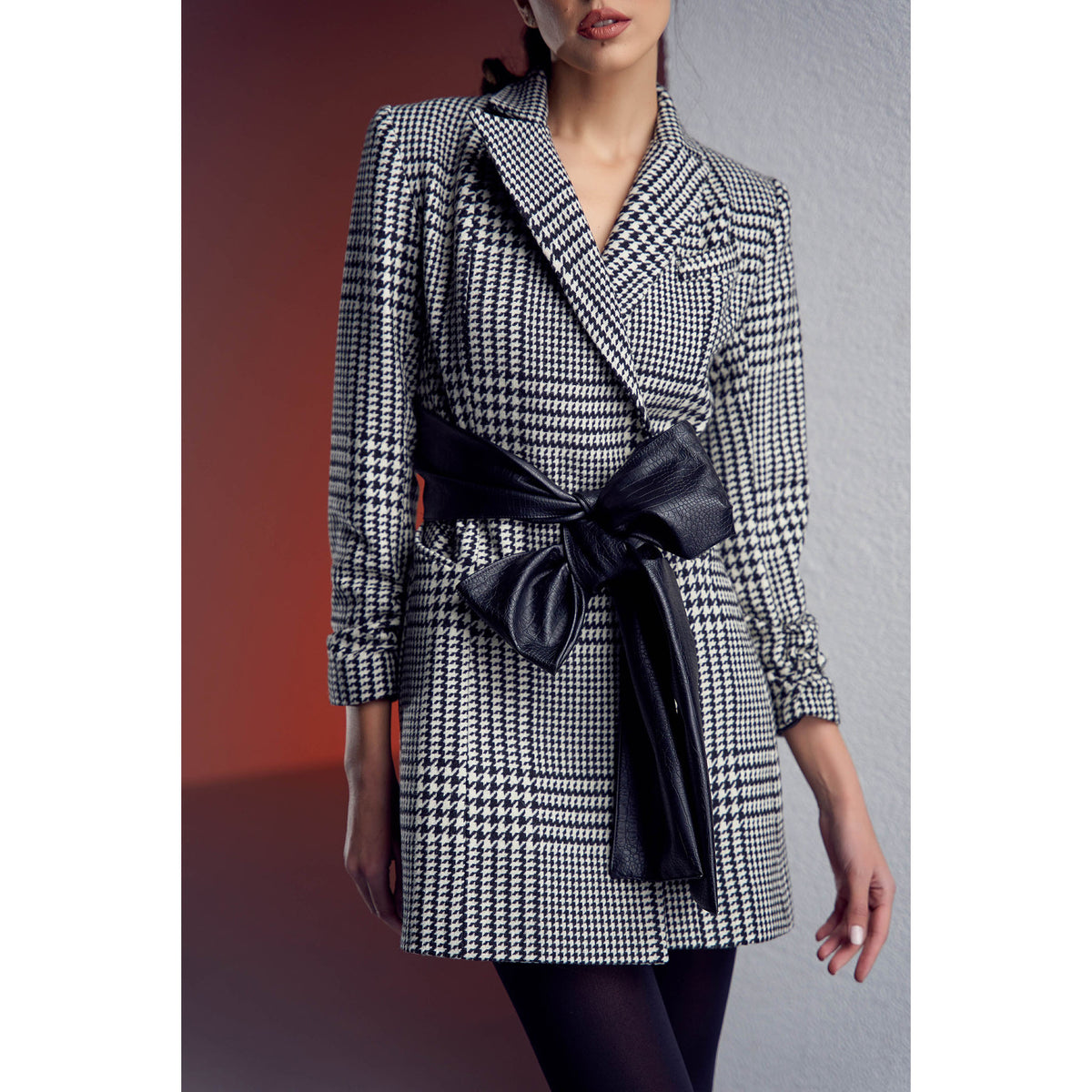 Houndstooth Wool Blazer Dress With Contrast Belt