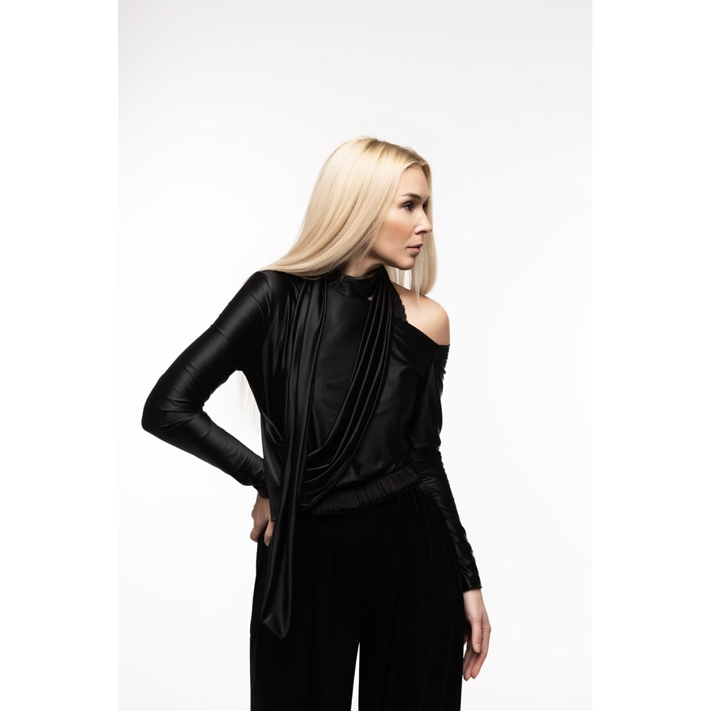 JULIA ALLERT - Draped Shoulder Long-Sleeve Blouse | Black, buy at DOORS NYC