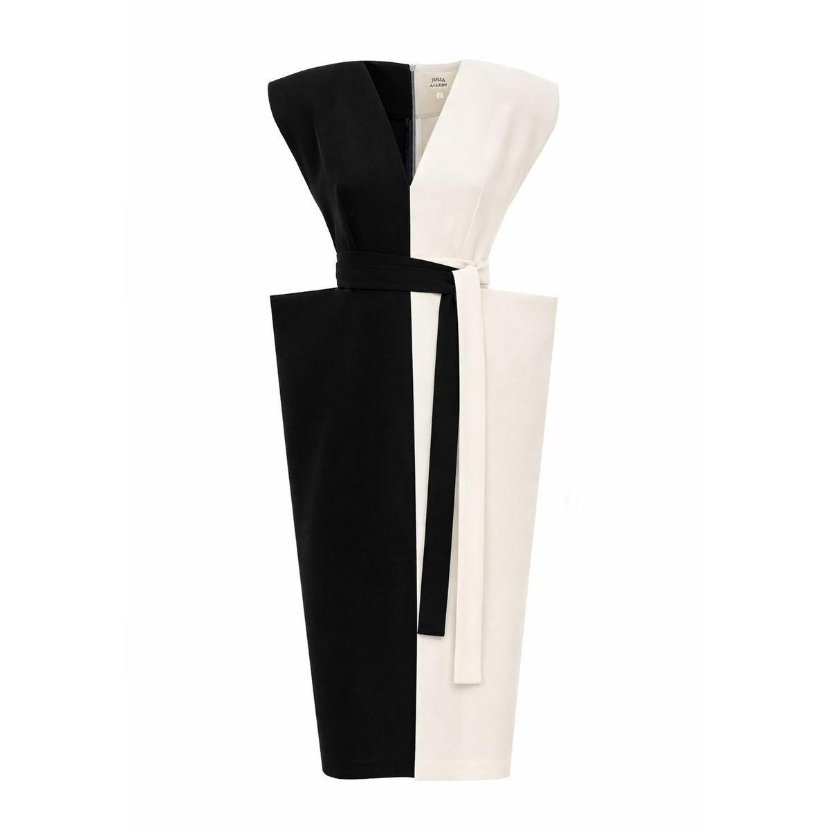The JULIA ALLERT Fashion Midi Dress With Belt And Bold Shoulders – Black &amp; Ivory features bold shoulders, a sleek straight fit, black on the left and ivory on the right, and a matching belt for effortless style.