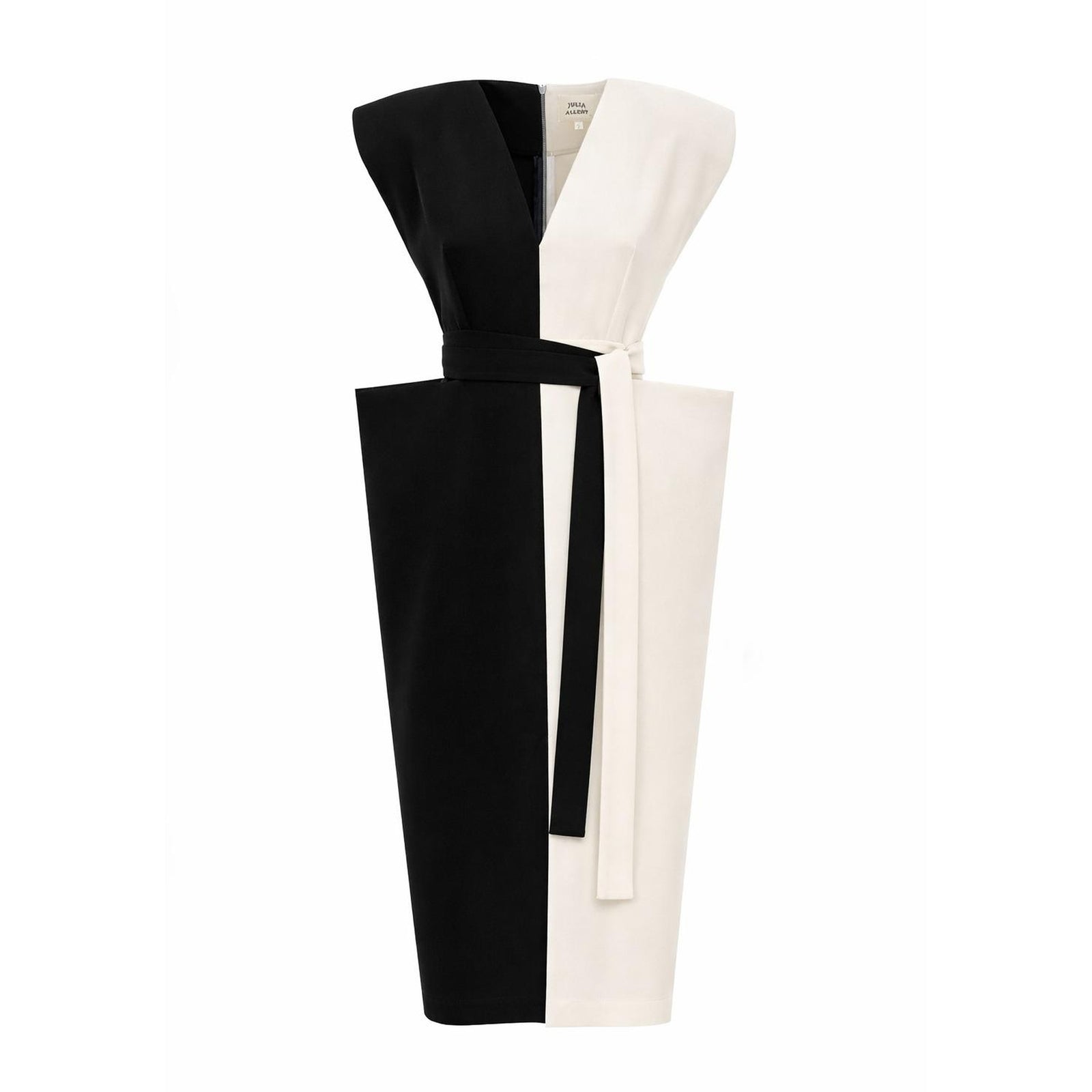 The JULIA ALLERT Fashion Midi Dress With Belt And Bold Shoulders – Black & Ivory features bold shoulders, a sleek straight fit, black on the left and ivory on the right, and a matching belt for effortless style.