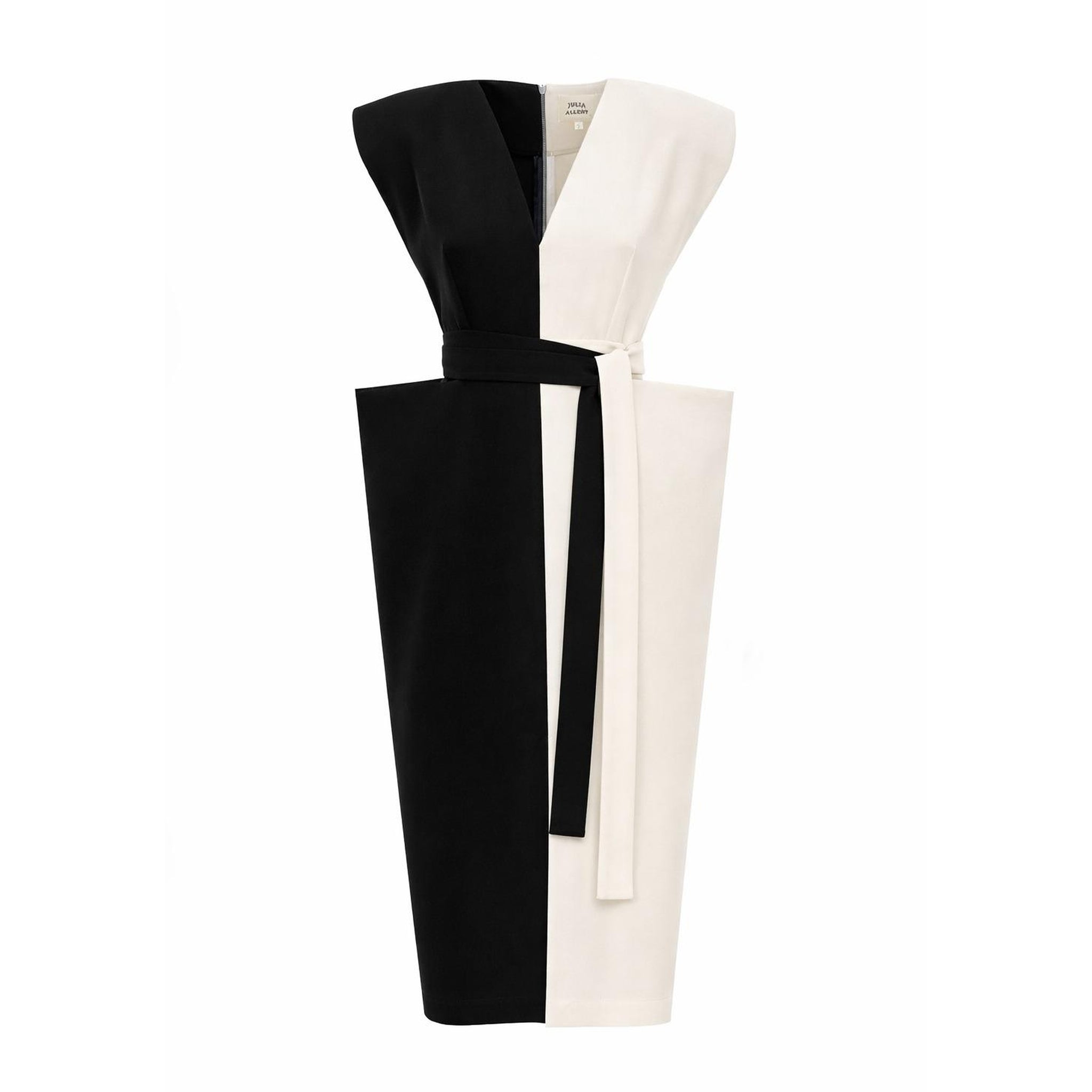 Fashion Midi Dress With Belt And Bold Shoulders – Black & Ivory