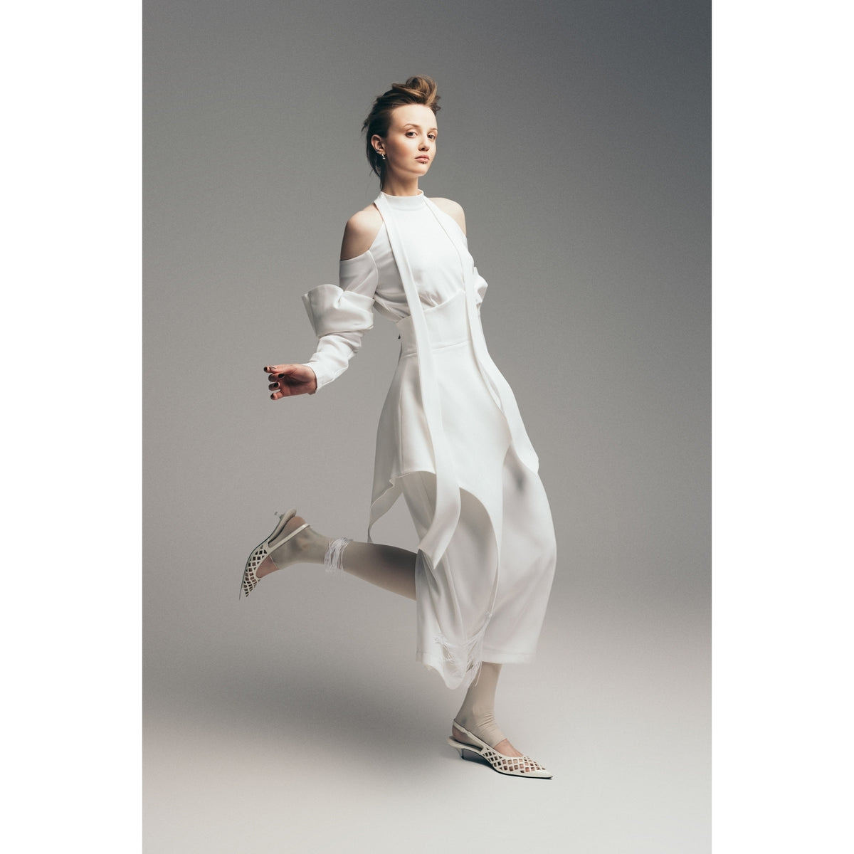 Fashion Cold-Shoulder Midi Dress With Asymmetrical Belt | White