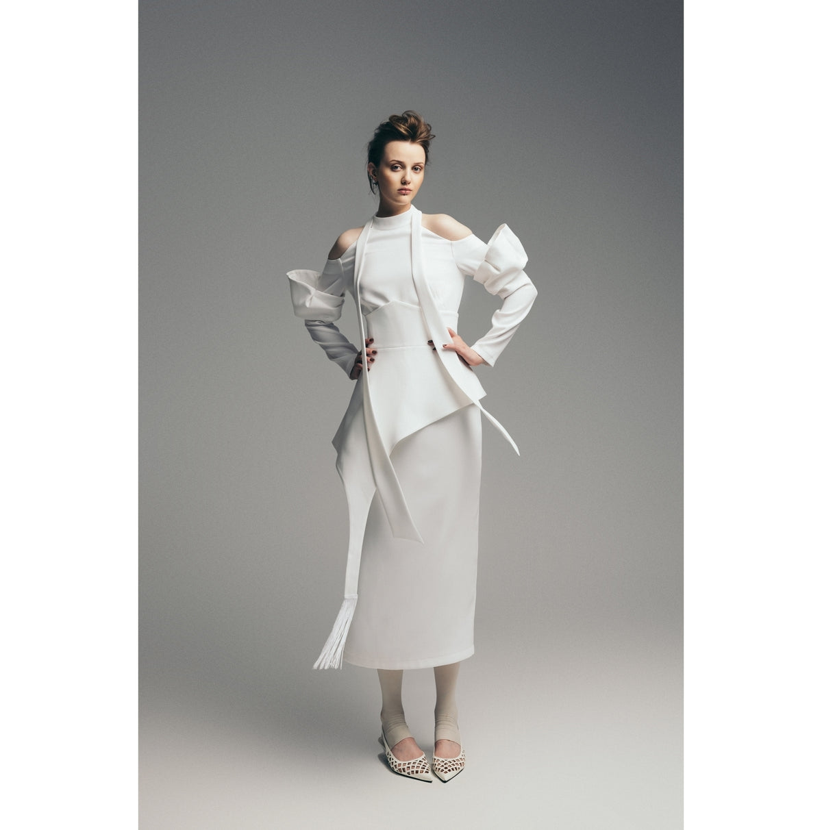 Fashion Cold-Shoulder Midi Dress With Asymmetrical Belt | White