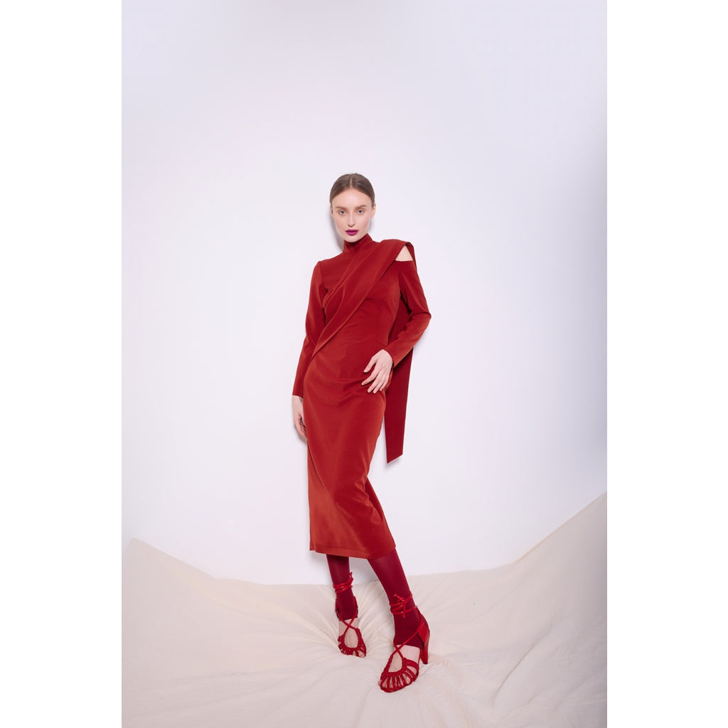 Open Shoulder Midi Dress | Terracotta