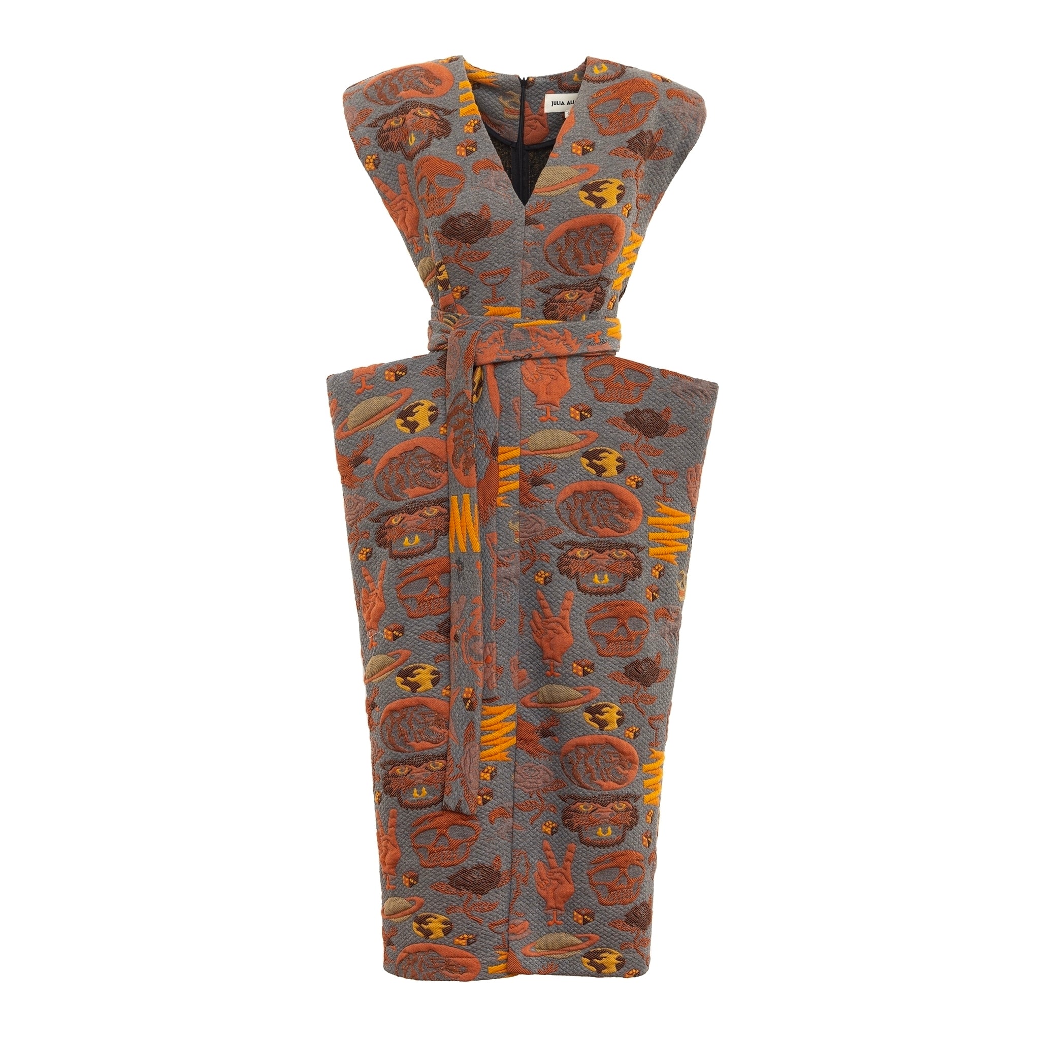 Fashion Midi Dress With Belt And Bold Shoulders Jacquard Grey