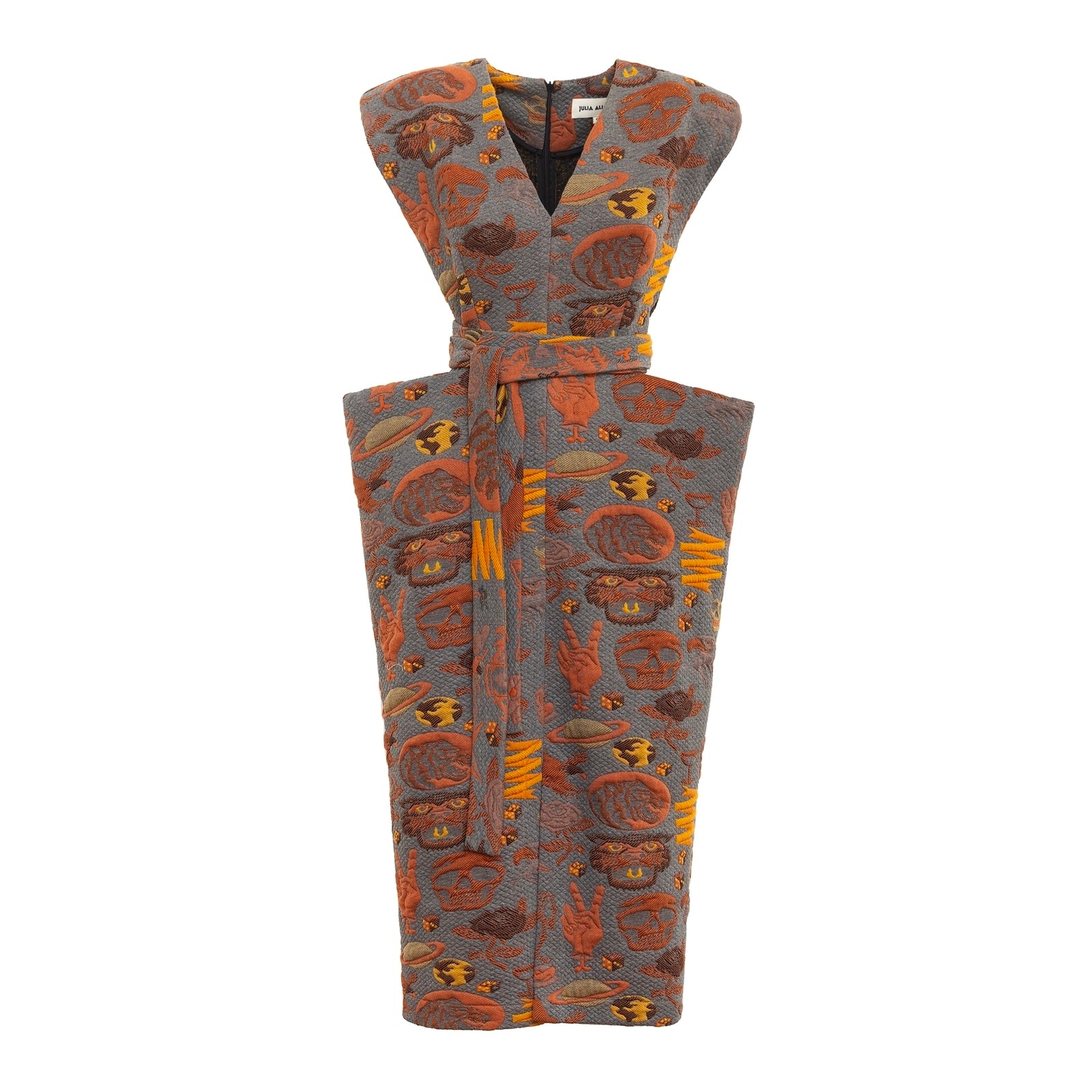 Fashion Midi Dress With Belt And Bold Shoulders Jacquard Grey