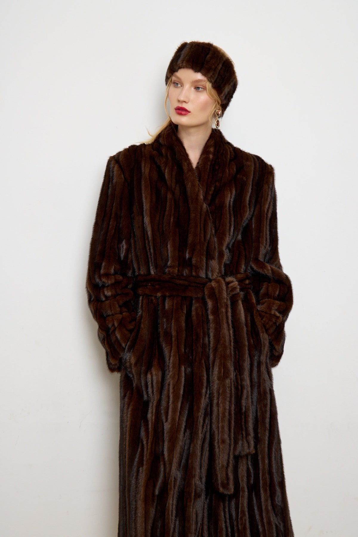 BASSIA brown faux mink fur coat styled look with detachable belt, women's outerwear, PR sample at DOORS NYC