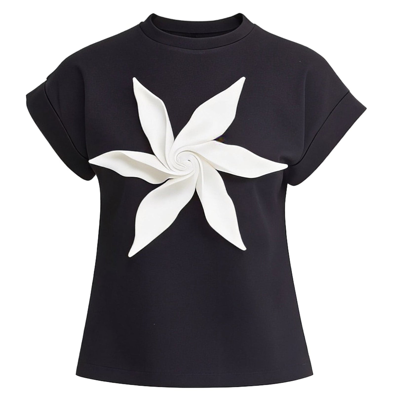 The Crew-Neck Jersey T-Shirt With Flower - Black by JULIA ALLERT features a striking three-dimensional floral appliqué with six white petals on the front.