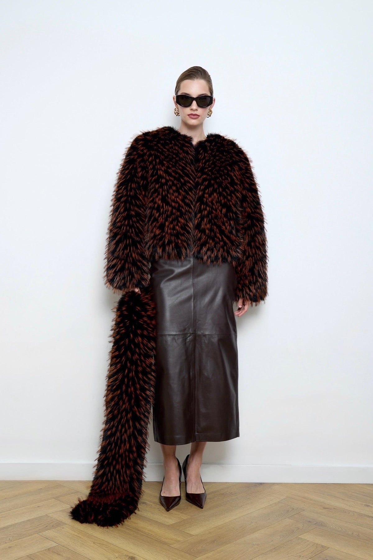 BASSIA black faux fur bomber side view with zip closure, PR sample at DOORS NYC