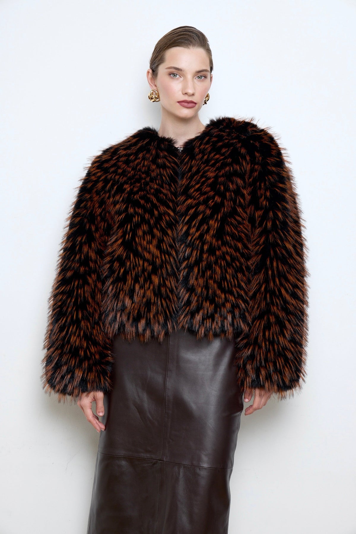 BASSIA black faux fur bomber worn by model, oversized women's cropped jacket, PR sample at DOORS NYC