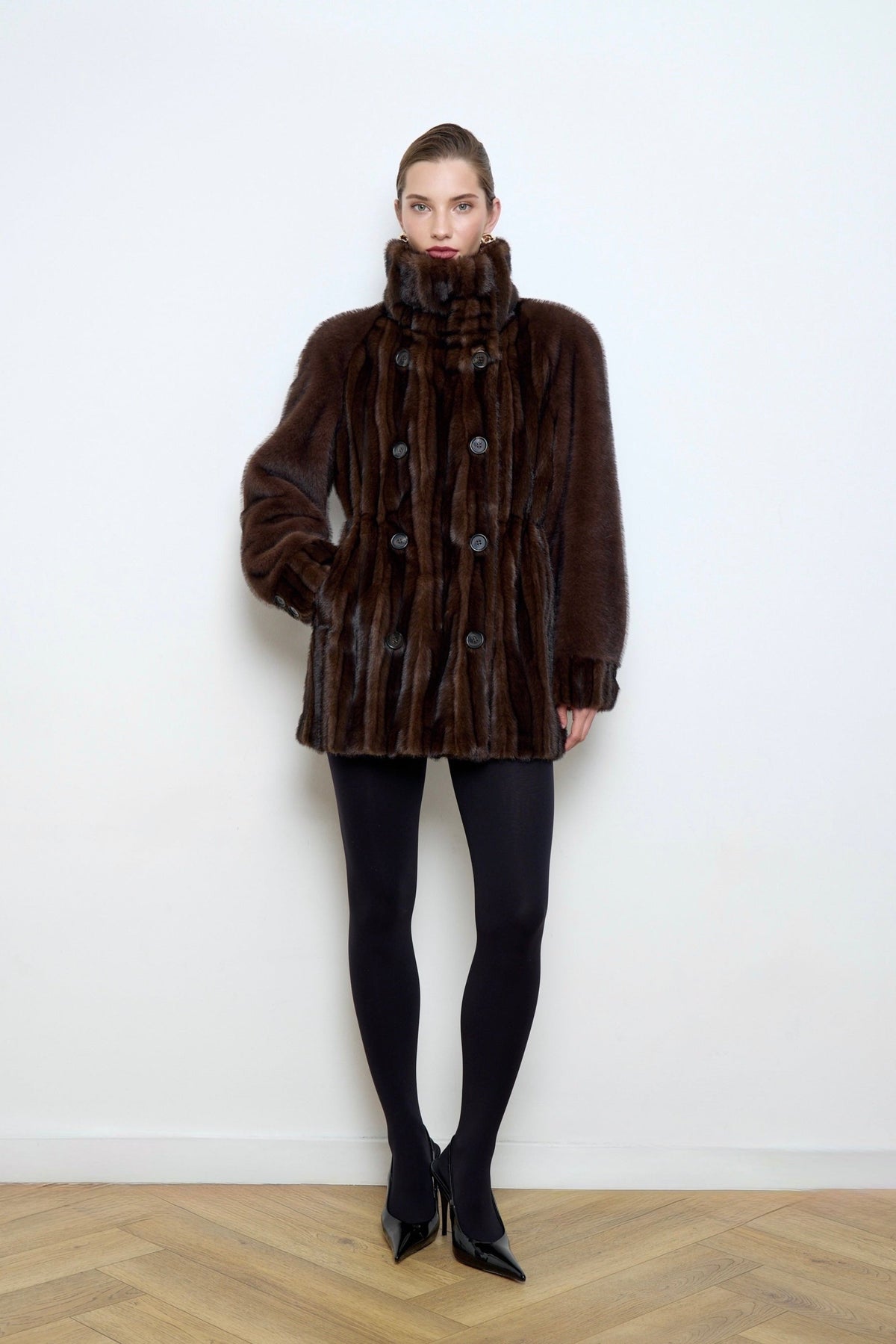 BASSIA brown patchwork faux mink fur coat with funnel neck, women's statement winter coat, PR sample at DOORS NYC PR showroom