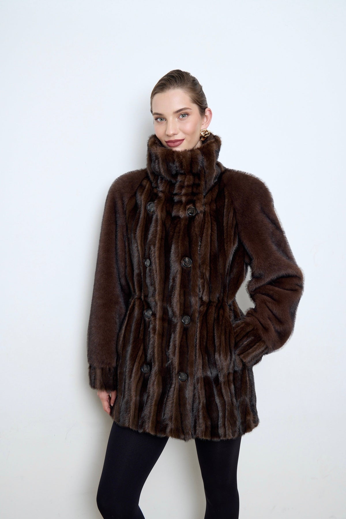 BASSIA brown faux mink fur coat side view, elasticated waist, PR sample at DOORS NYC