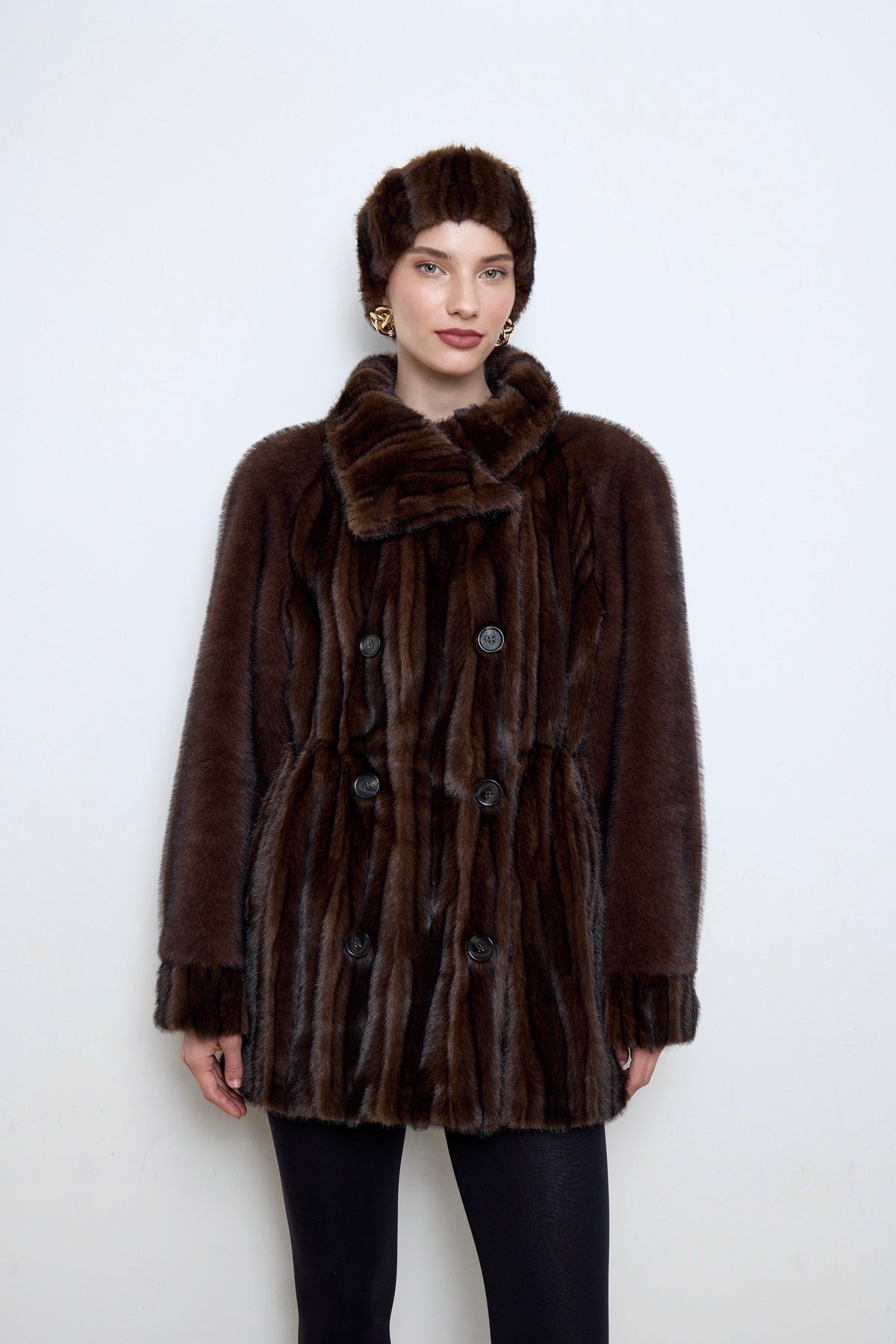 BASSIA brown faux mink fur coat back view, women's statement coat, PR sample at DOORS NYC
