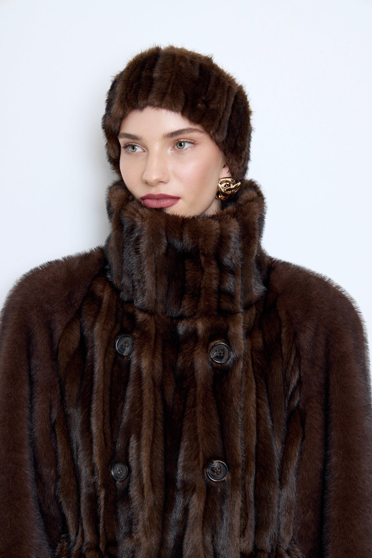 BASSIA patchwork faux mink fur coat collar detail, women's winter coat, PR sample at DOORS NYC