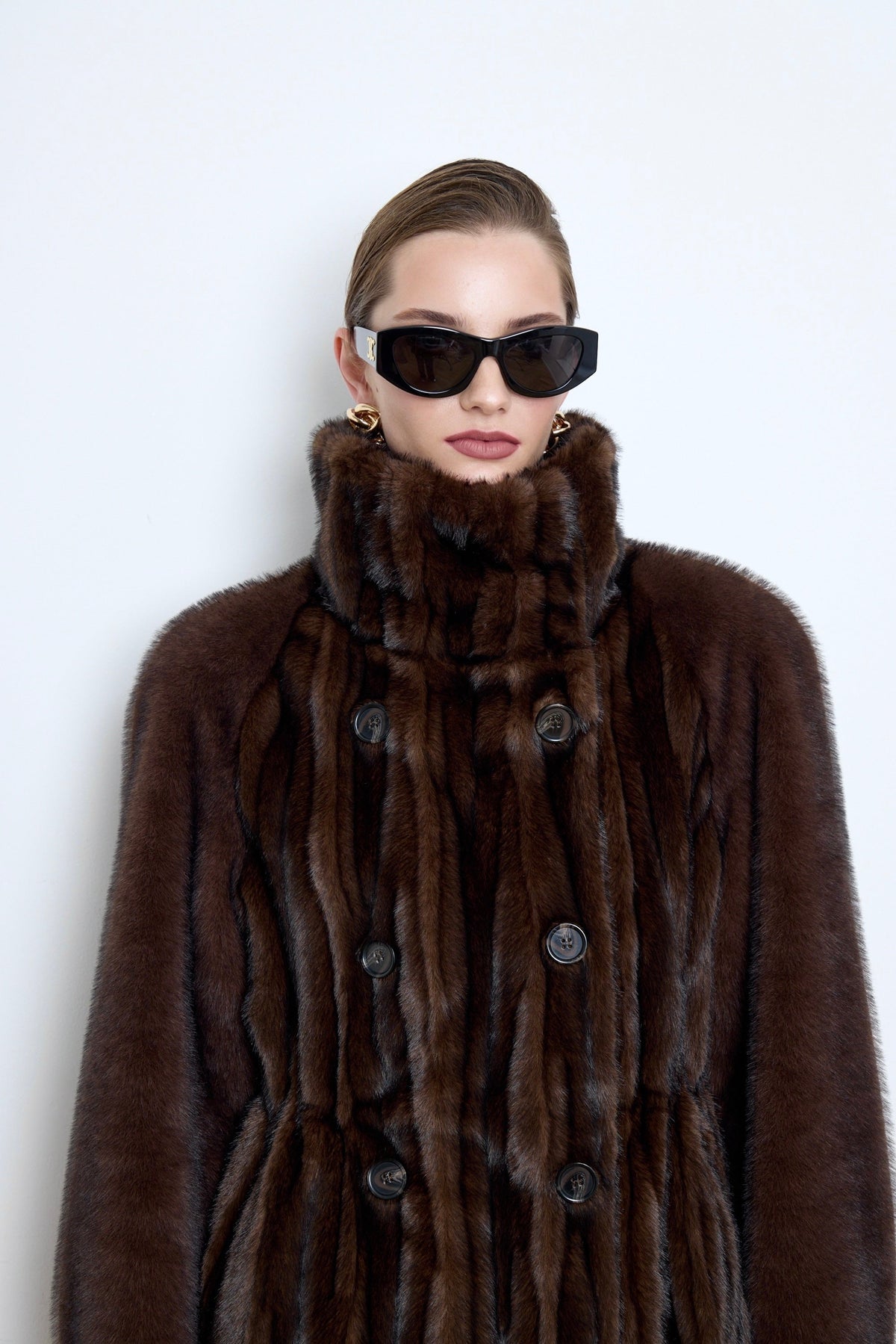 BASSIA brown patchwork faux mink fur coat worn by model, double-breasted women's coat, PR sample at DOORS NYC