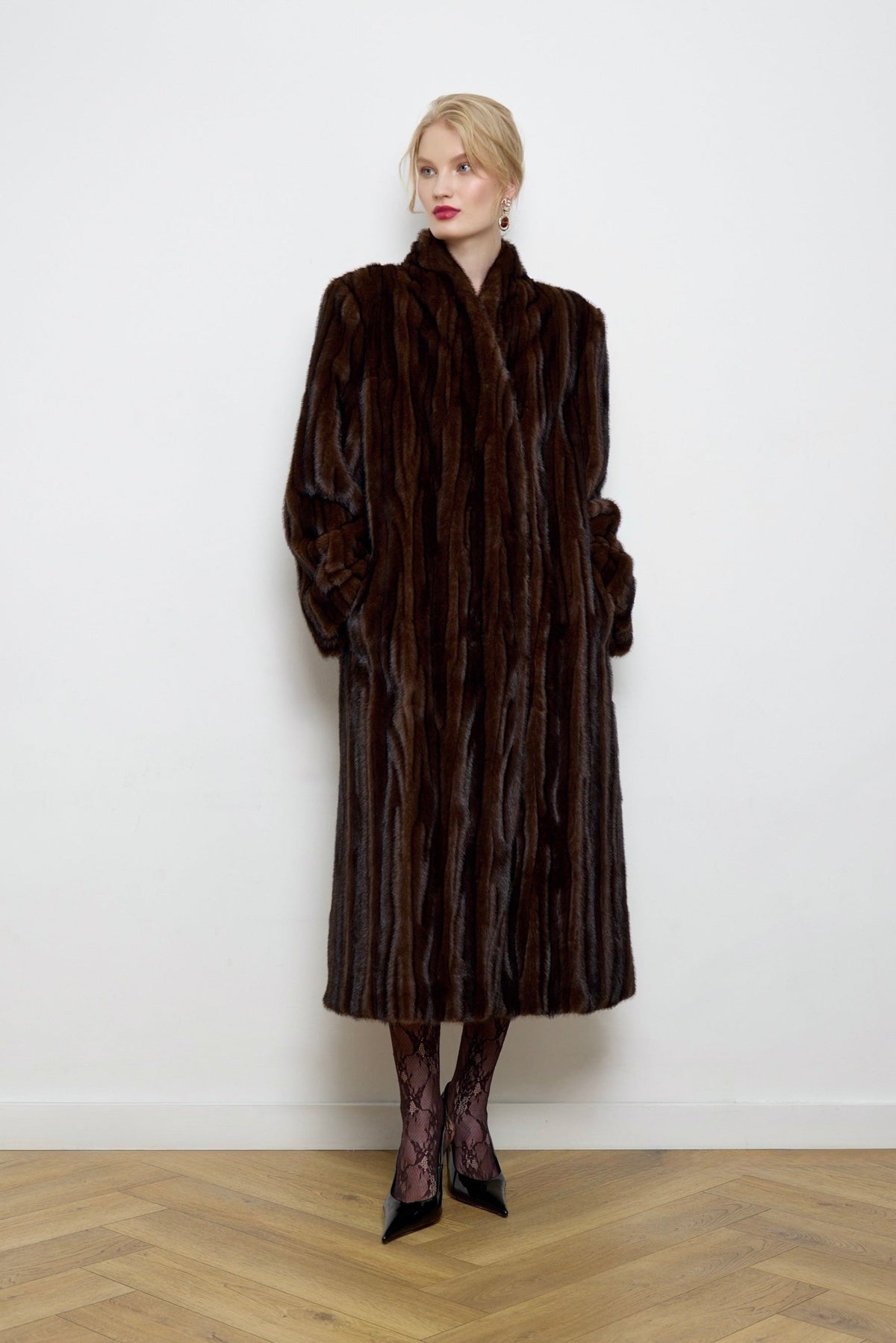 BASSIA brown patchwork faux mink fur coat side view, women's winter coat, PR sample at DOORS NYC