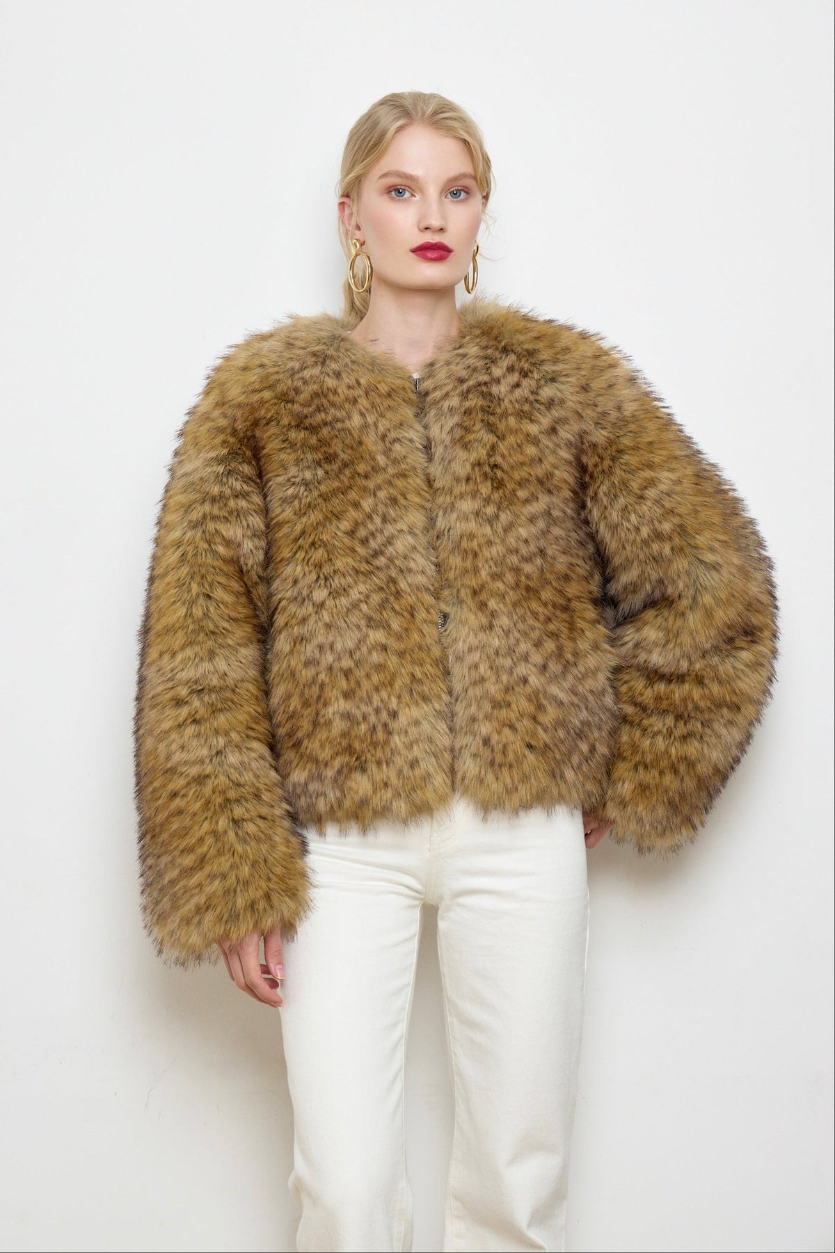 BASSIA brown faux fur bomber worn by model, oversized women's cropped jacket, PR sample at DOORS NYC