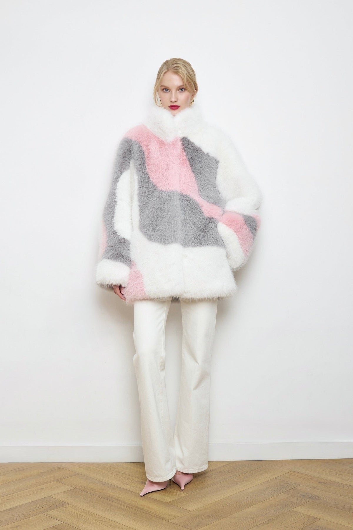 BASSIA white pink and gray faux fur coat styled look, women's winter outerwear, PR sample at DOORS NYC