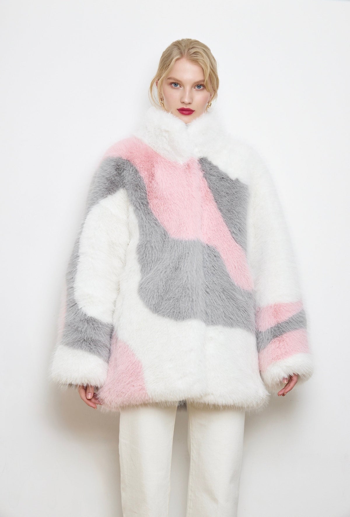 BASSIA snow hare faux fur coat side view with dropped shoulders, PR sample at DOORS NYC