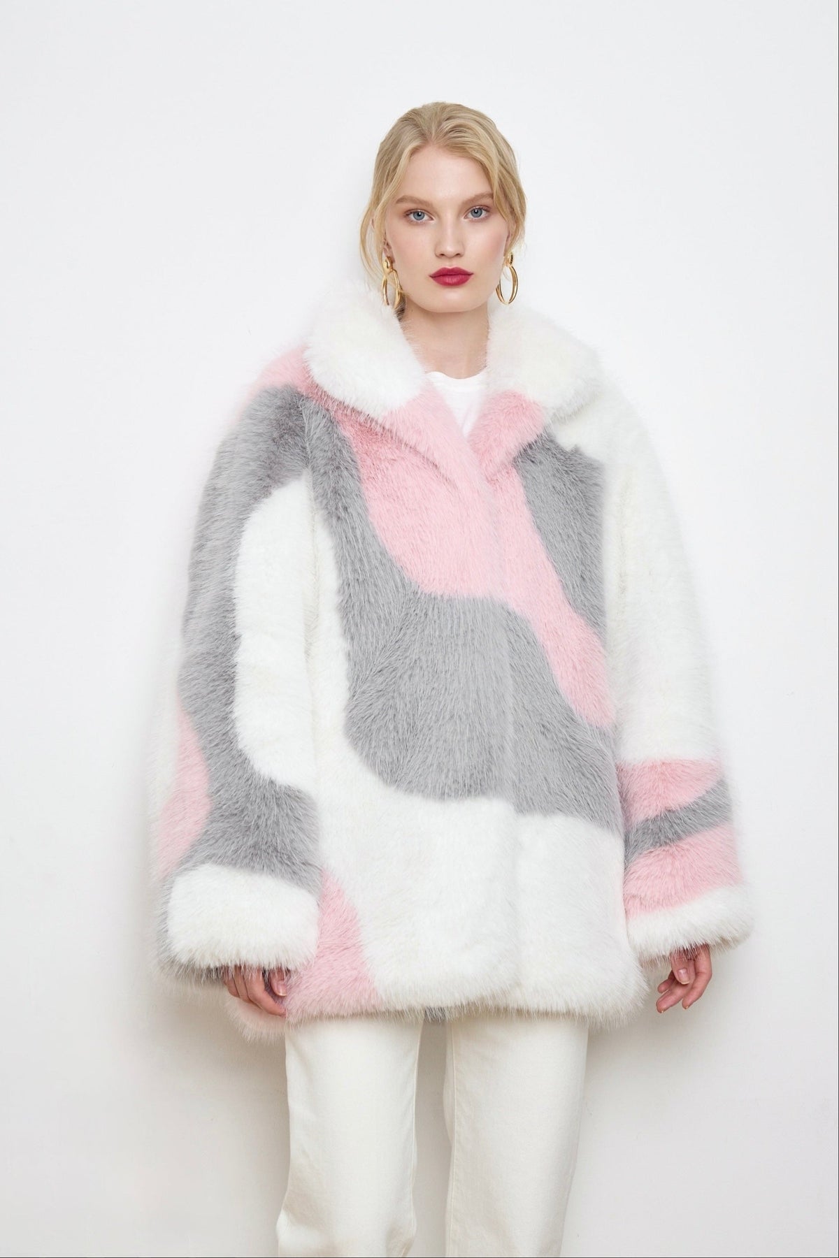 BASSIA three-tone snow hare faux fur coat worn by model, women's statement coat, PR sample at DOORS NYC