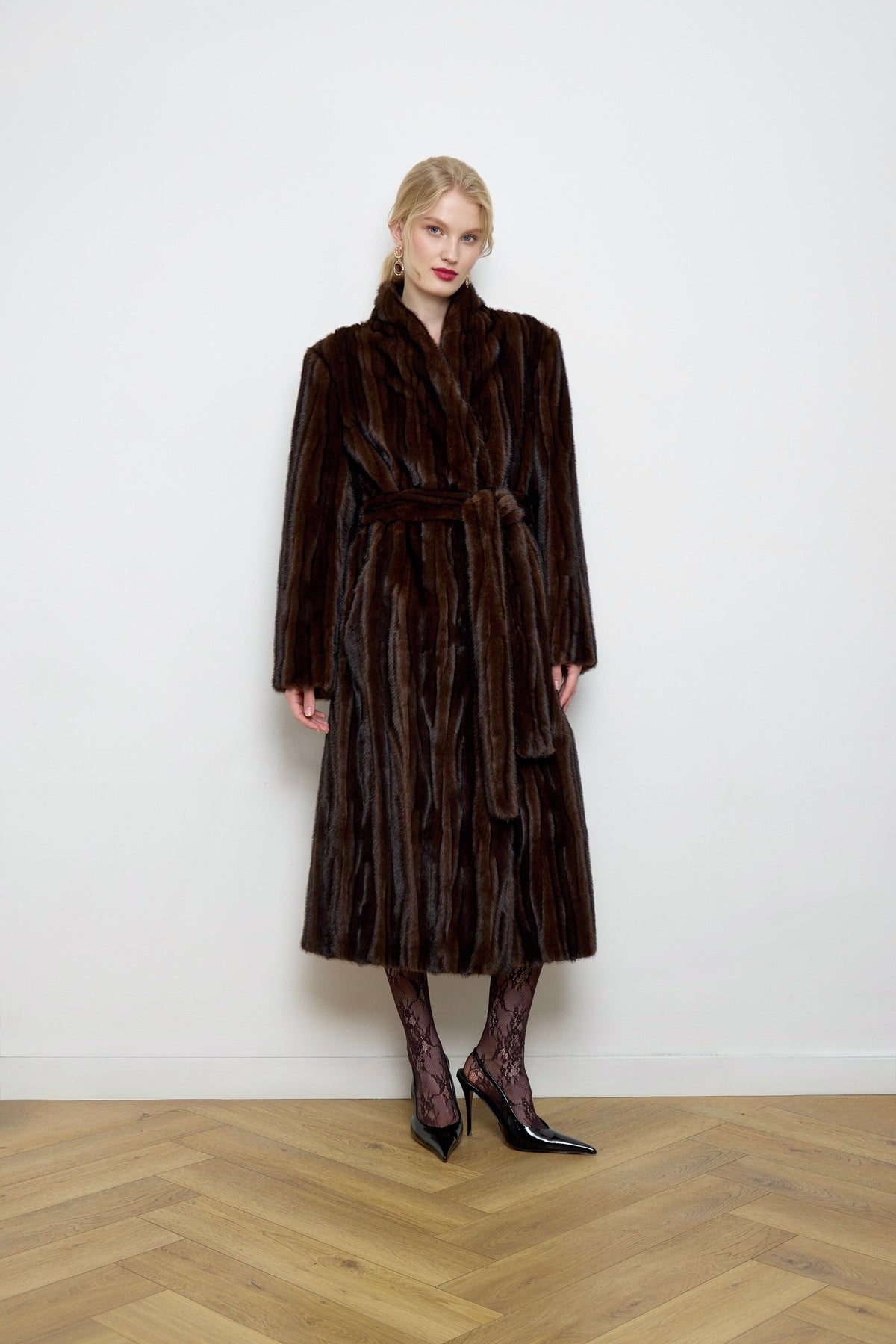 BASSIA patchwork faux mink fur coat close-up texture, women's statement coat, PR sample at DOORS NYC