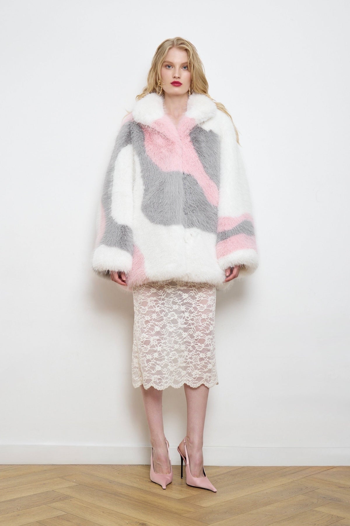 BASSIA multicolor snow hare faux fur coat in white, blush pink and gray, oversized women's coat, PR sample at DOORS NYC PR showroom