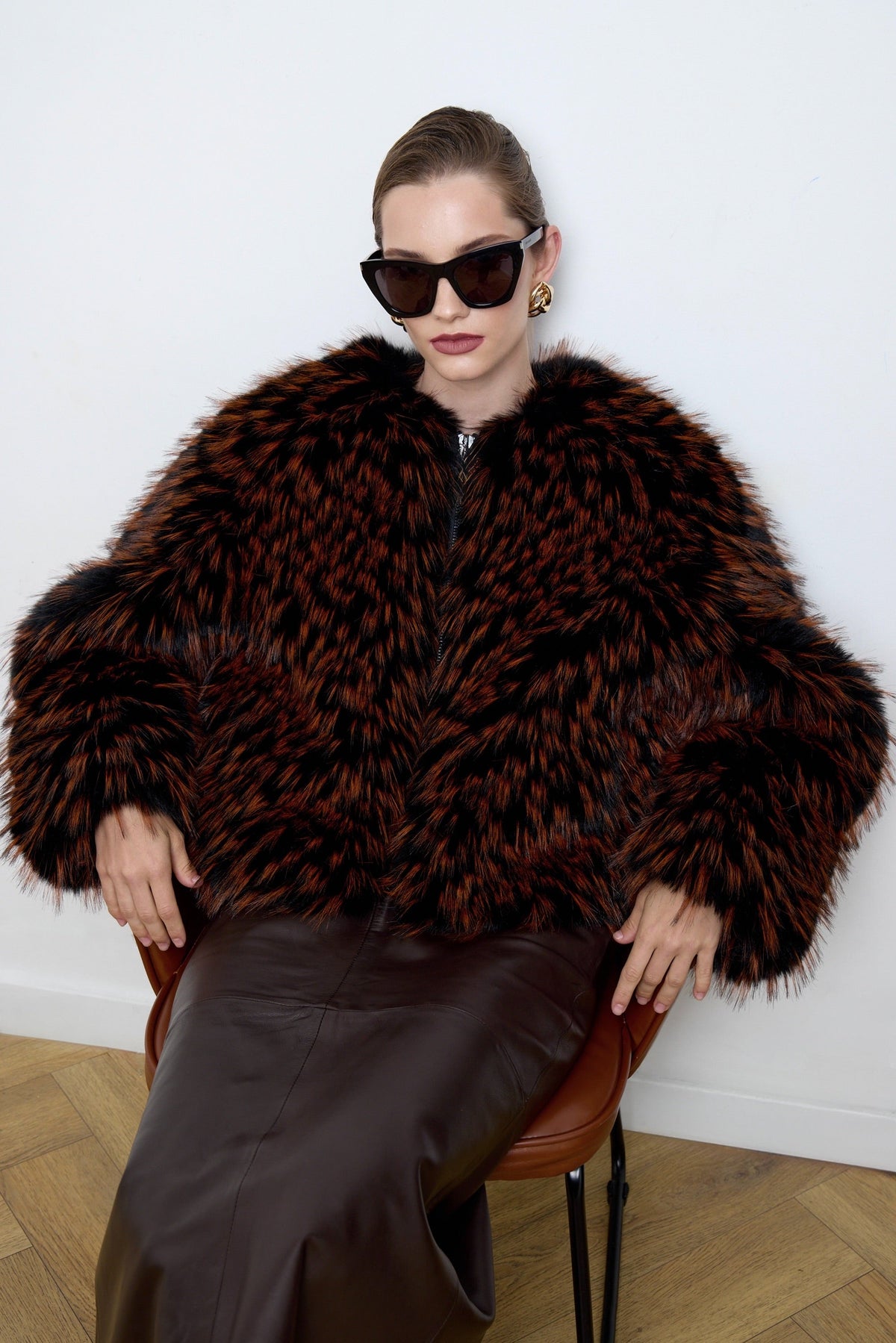 BASSIA black raccoon faux fur bomber styled look, women's winter jacket, PR sample at DOORS NYC