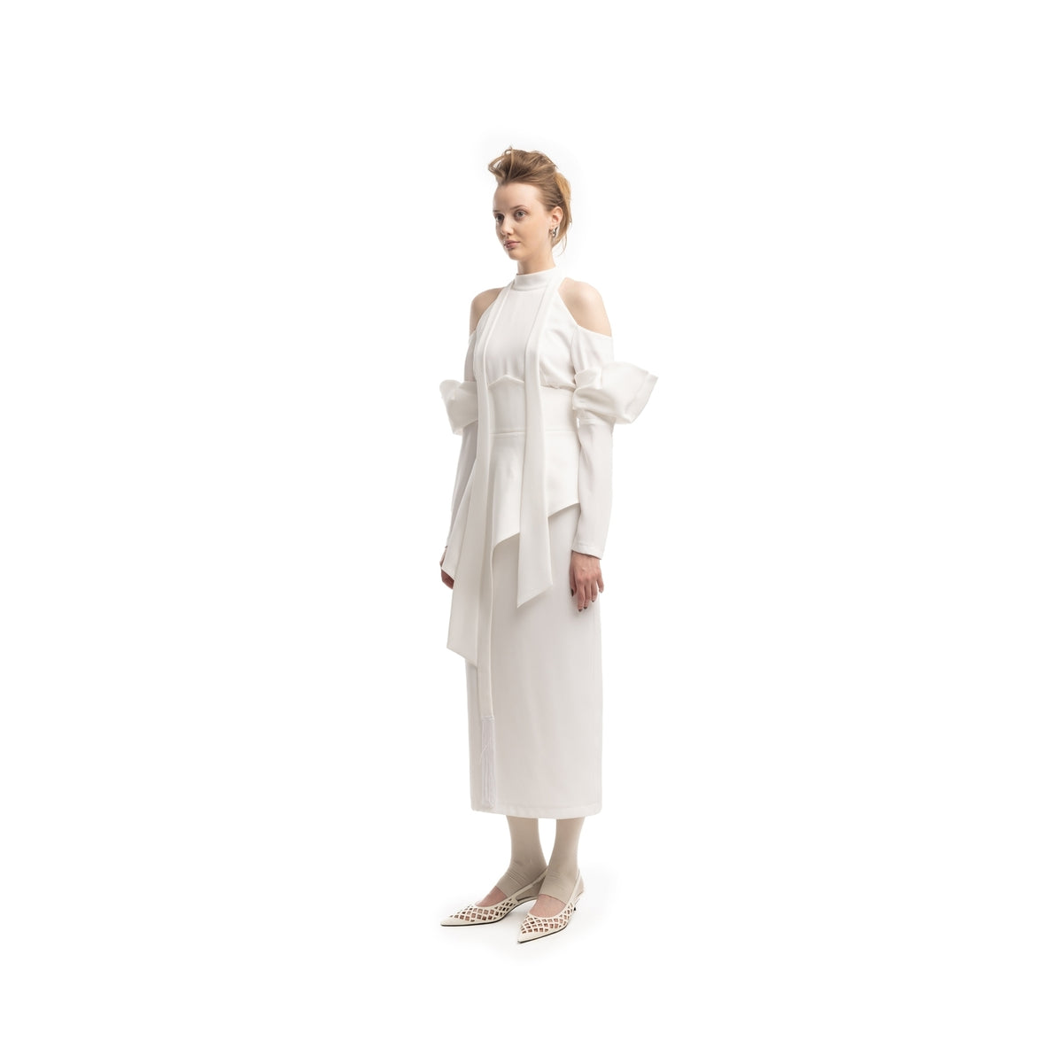Fashion Cold-Shoulder Midi Dress With Asymmetrical Belt | White