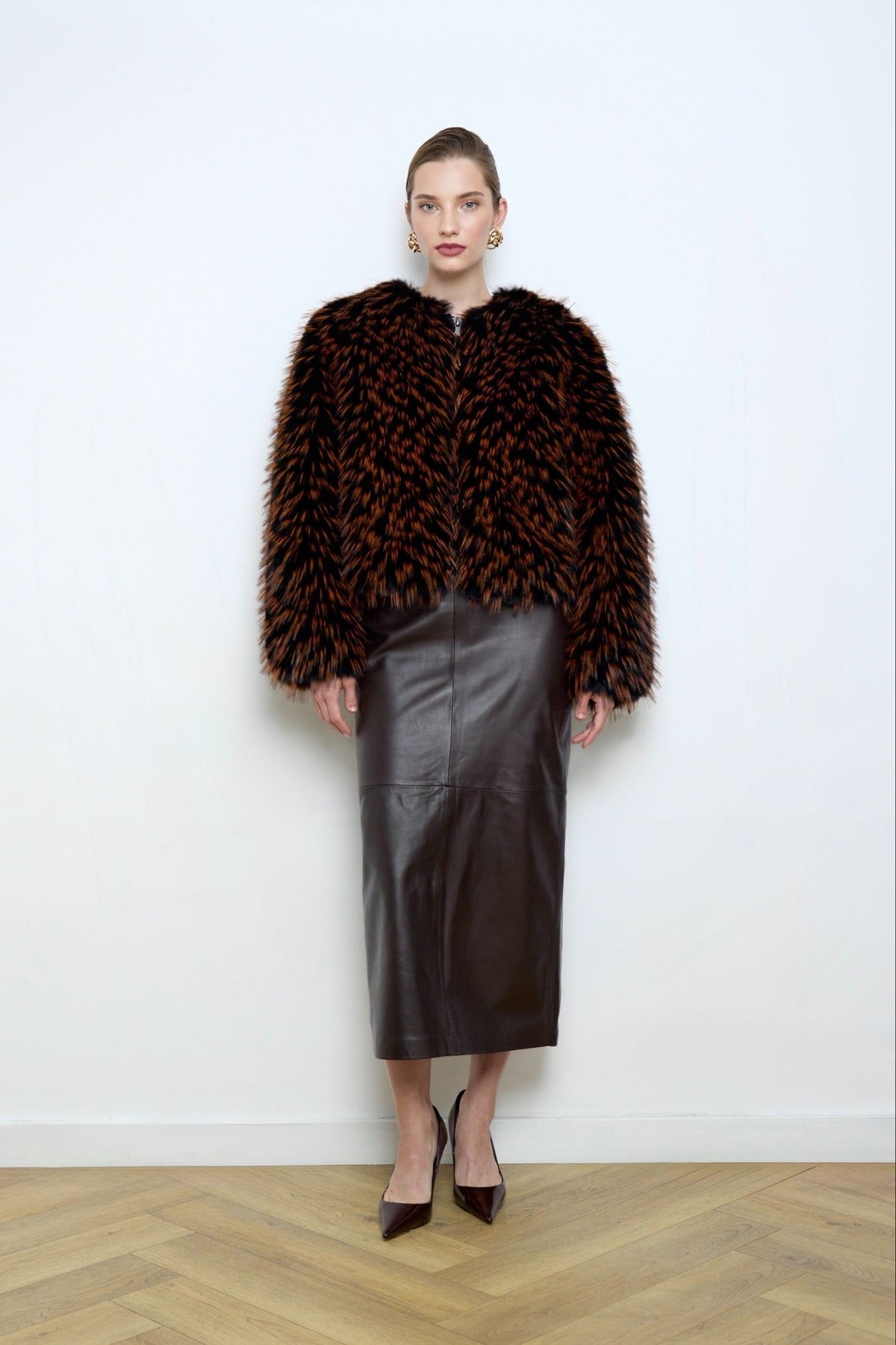 BASSIA black raccoon faux fur bomber with bronze tipping, cropped women's zip jacket, PR sample at DOORS NYC PR showroom