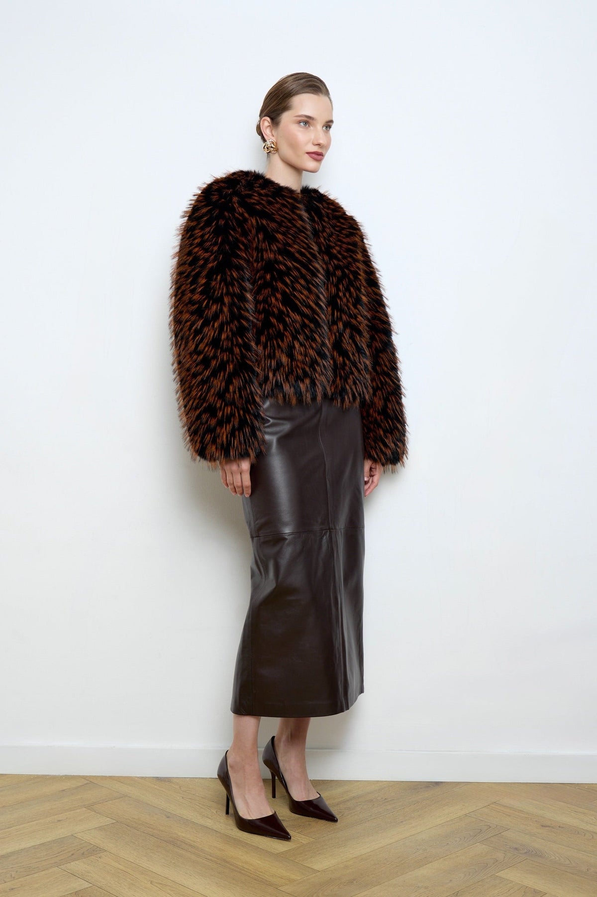 BASSIA black faux fur bomber bronze tipping detail, women's winter jacket, PR sample at DOORS NYC