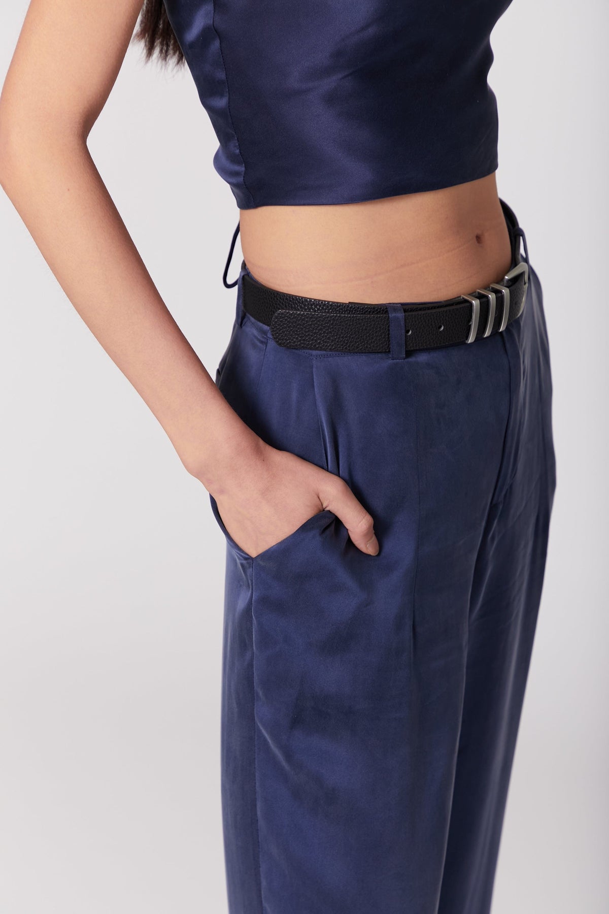 Dark Navy Silk Wide-Leg Pants with Tapered Waist