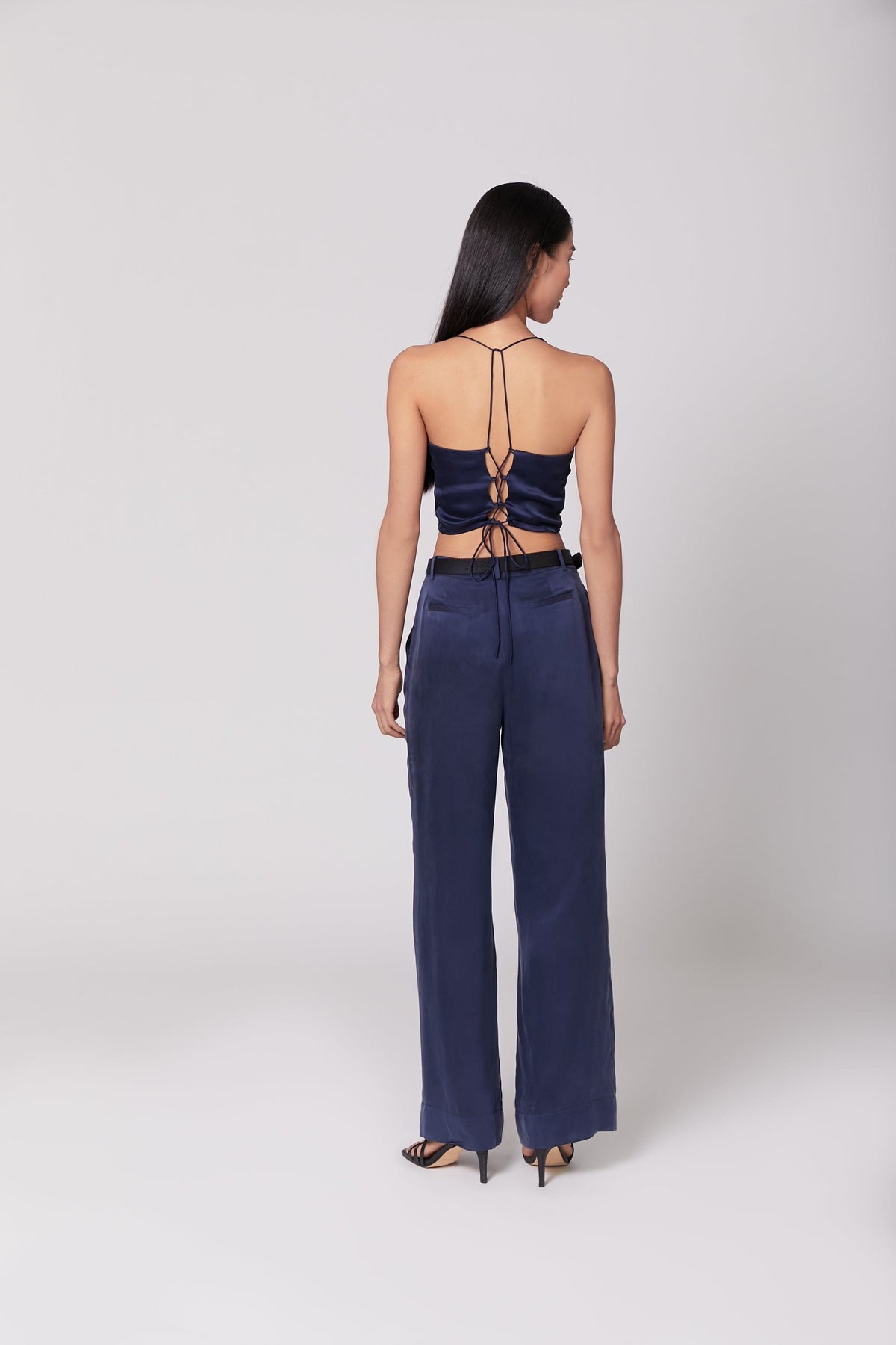 Dark Navy Silk Wide-Leg Pants with Tapered Waist
