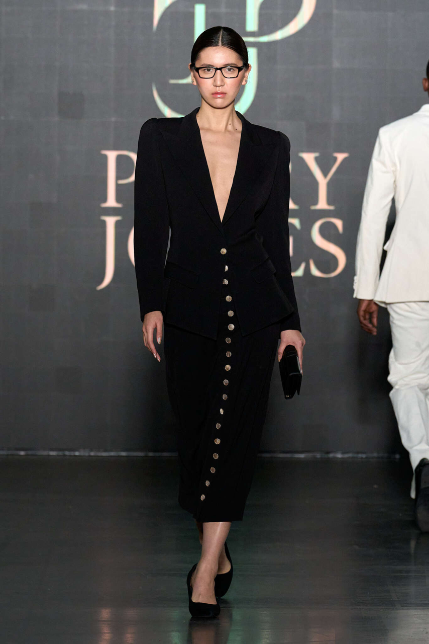 Black Structured Skirt Suit with Gold Buttons
