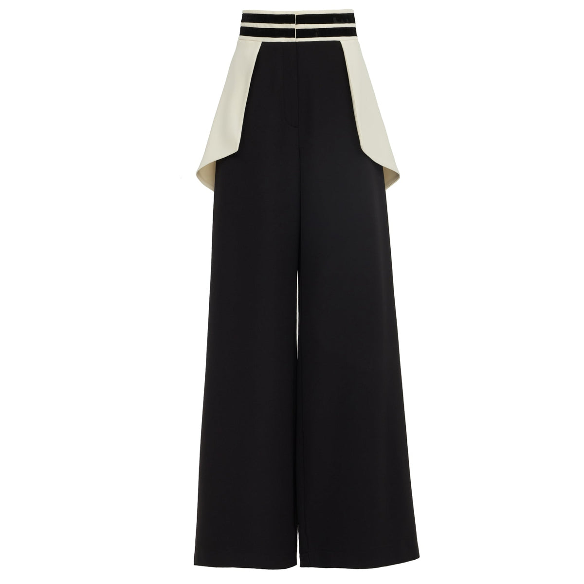 The Statement Waist Wide-Leg Trousers - Black by JULIA ALLERT feature a white hip panel, two slim black waistband stripes, and a high-waisted, wide-leg cut for a modern, structured look.