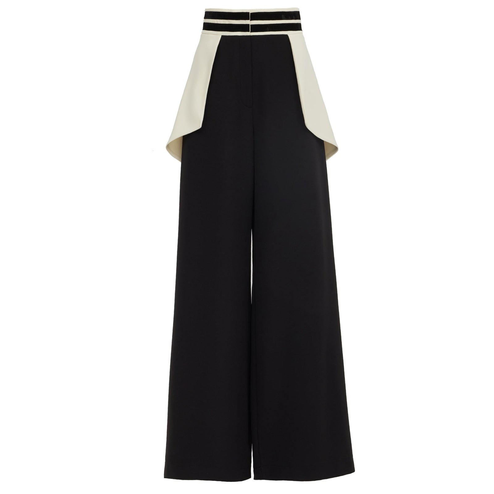 The Statement Waist Wide-Leg Trousers - Black by JULIA ALLERT feature a white hip panel, two slim black waistband stripes, and a high-waisted, wide-leg cut for a modern, structured look.