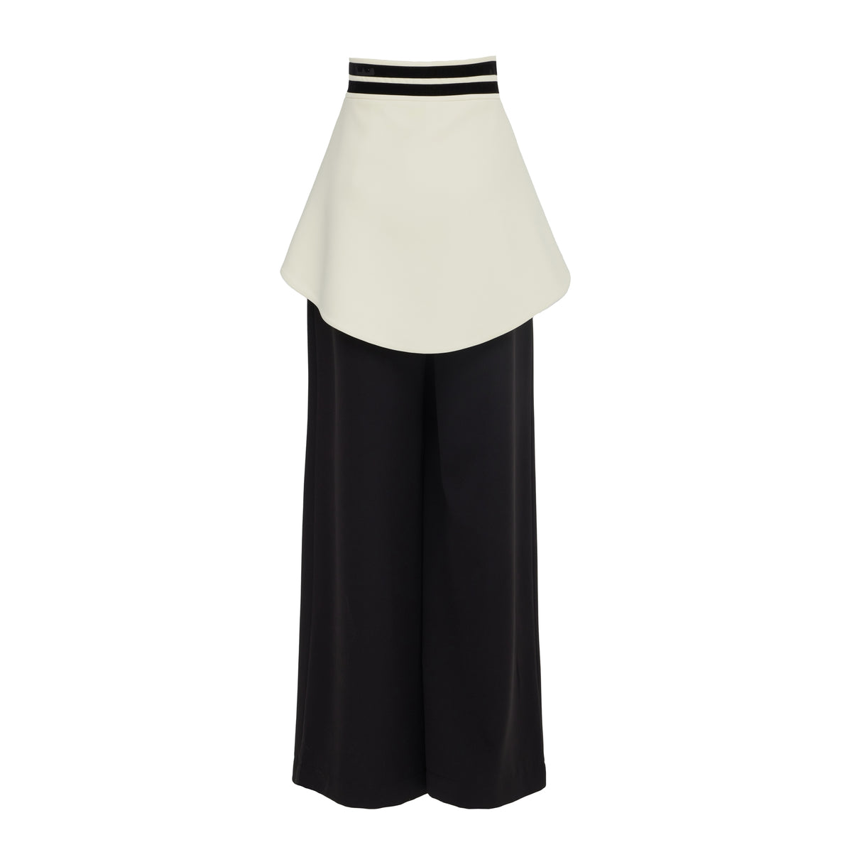 The Statement Waist Wide-Leg Trousers - Black by JULIA ALLERT feature a high-waisted fit and apron-style waistband, embodying a modern, minimalist design for a bold look.