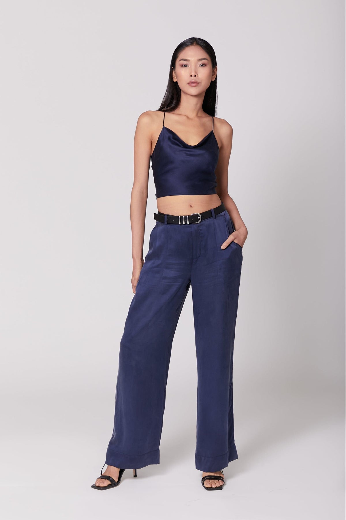 Dark Navy Silk Wide-Leg Pants with Tapered Waist