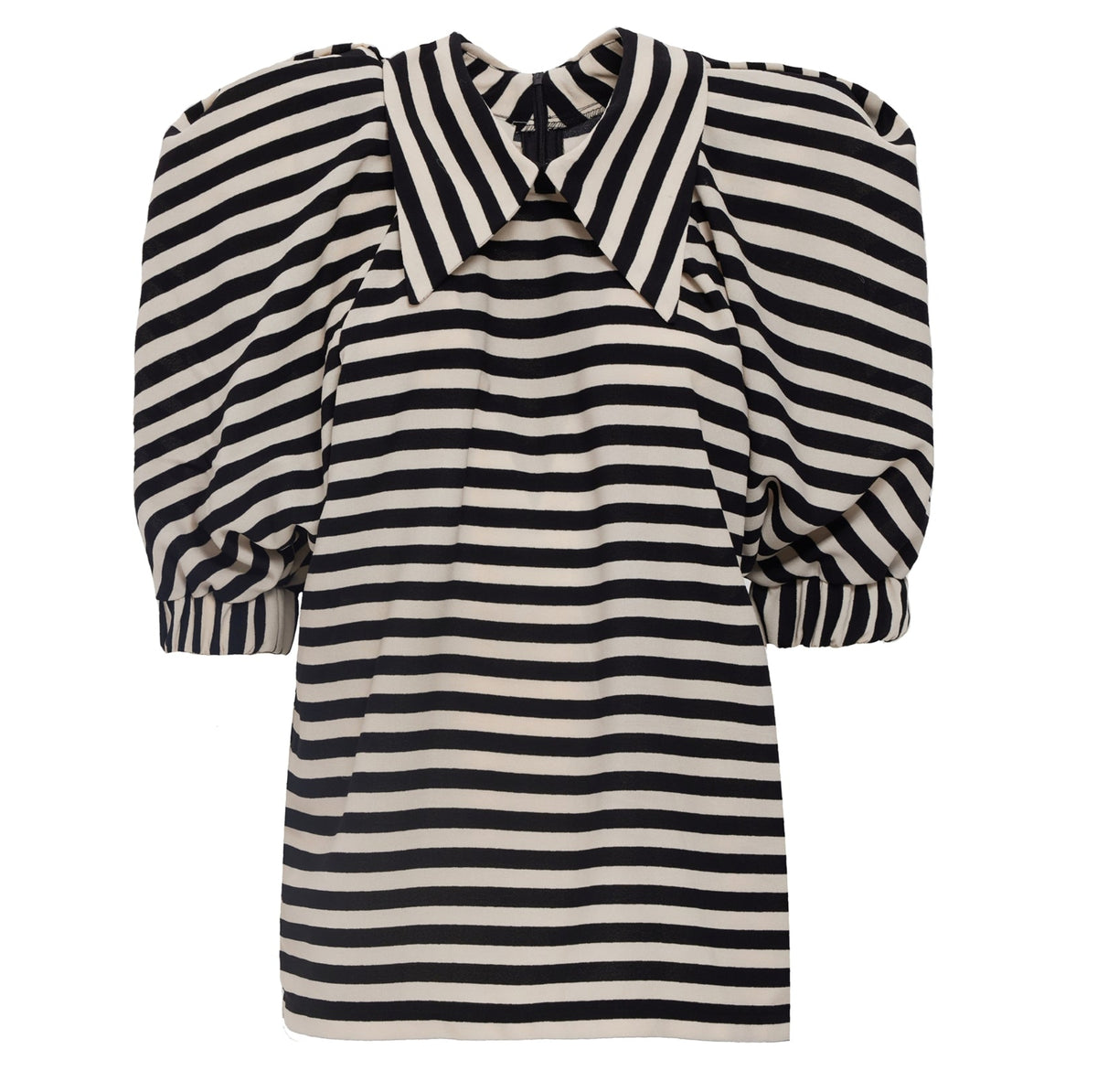 The Designer Blouse With Black White Stripes by JULIA ALLERT features bold stripes, a large pointed collar, and puff half-sleeves, creating a striking and stylish black-and-white look.