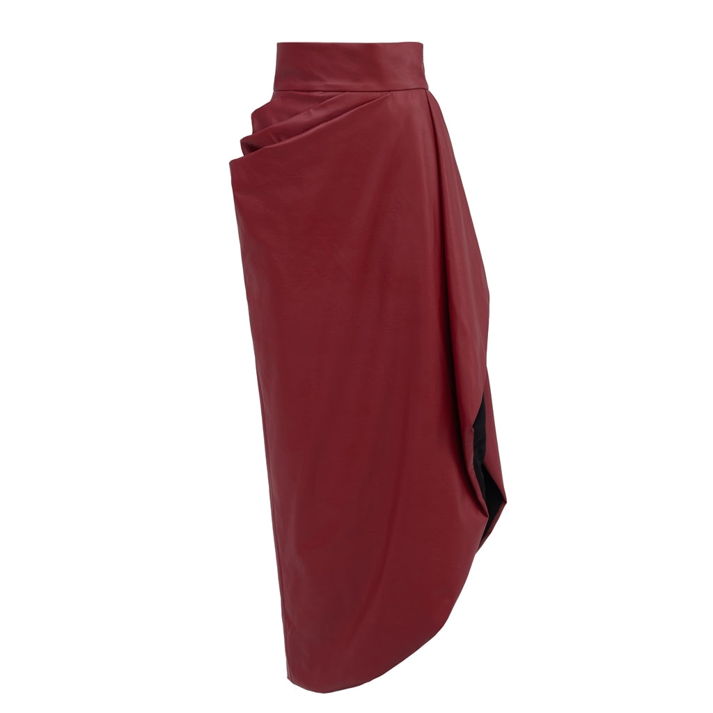 Faux Leather Asymmetrical Midi Skirt | Red
