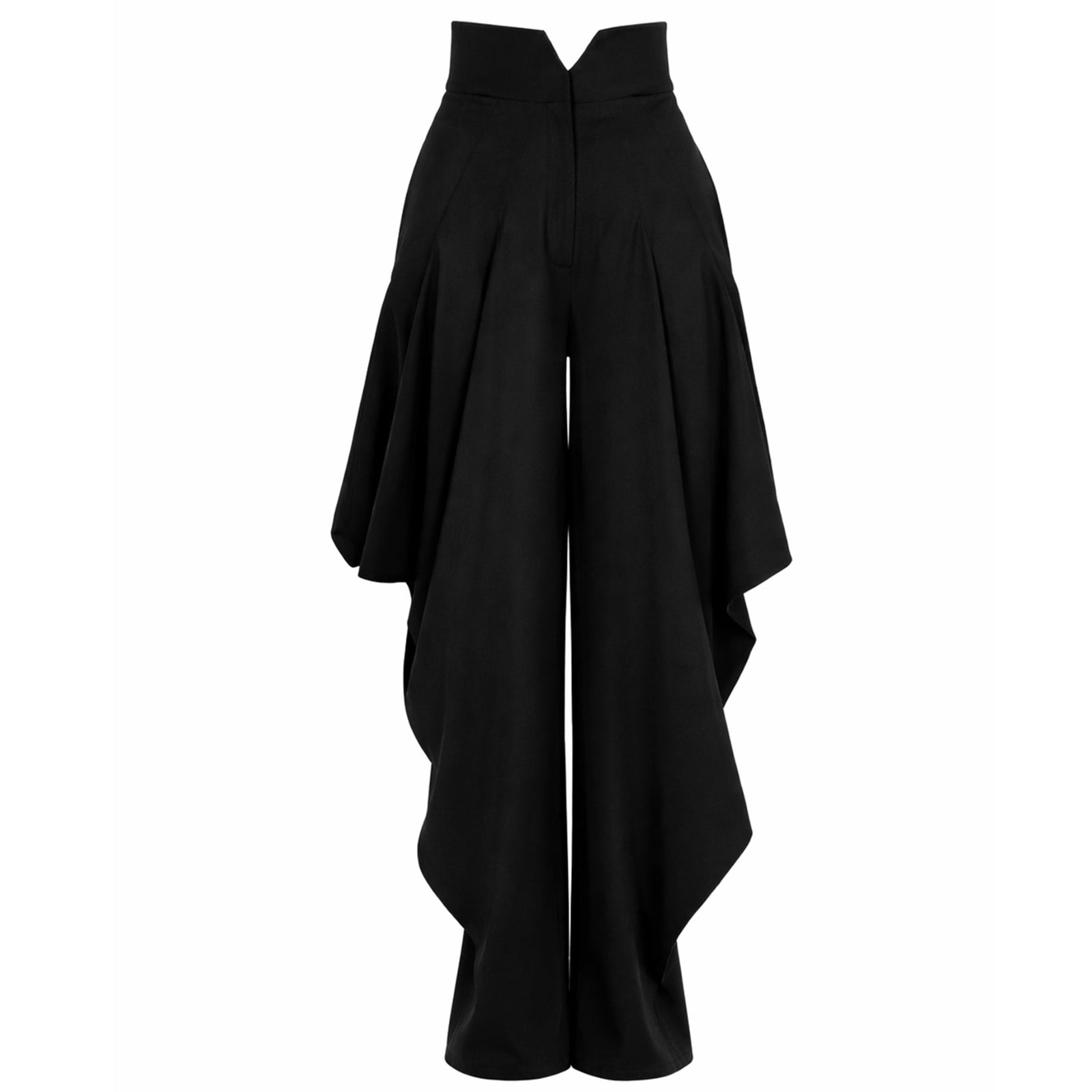 The Couture Draped Wide-Leg Pants - Black by JULIA ALLERT feature dramatic, layered side panels for a skirt-like effect while maintaining the sleek, tailored fit of classic black trousers.