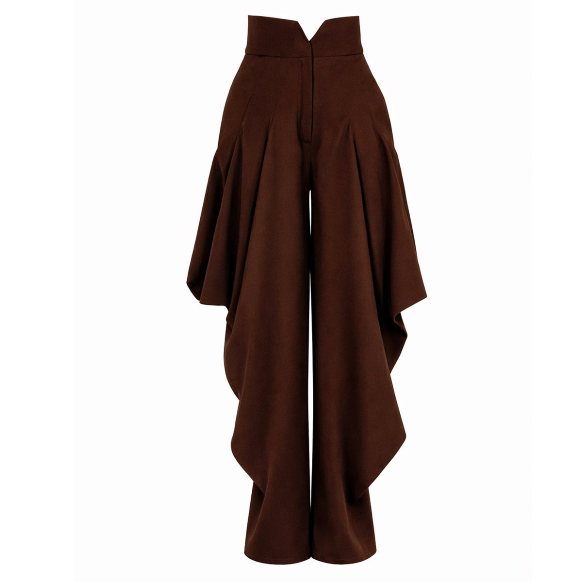 The Couture Draped Wide-Leg Pants - Brown by JULIA ALLERT feature a wide waistband and dramatic side drapes for a sculptural look. Tailored and stylish, these brown pants are displayed against a plain white background.