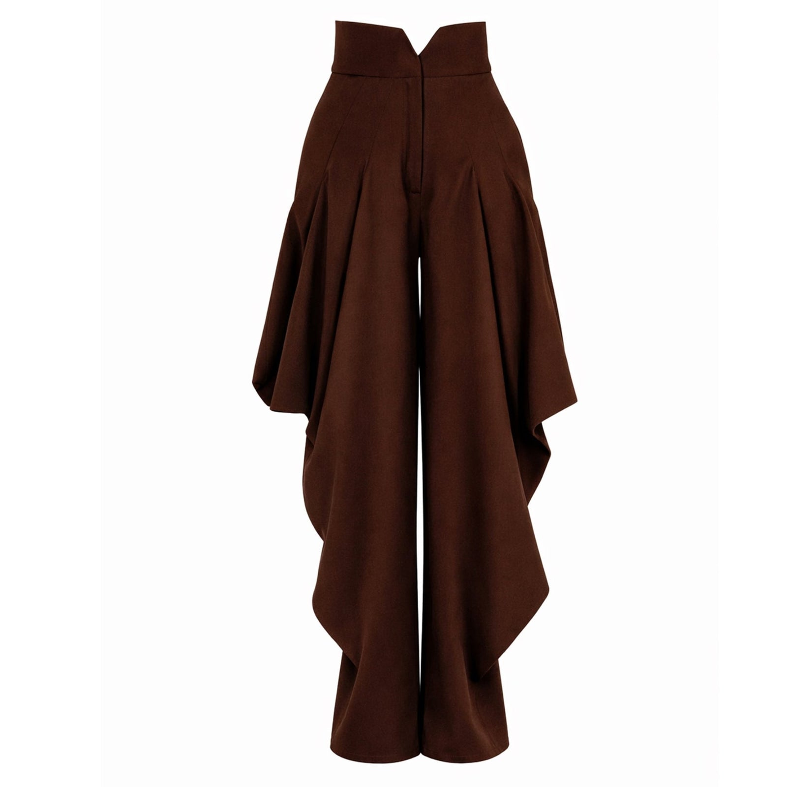 The Couture Draped Wide-Leg Pants - Brown by JULIA ALLERT feature a wide waistband and dramatic side drapes for a sculptural look. Tailored and stylish, these brown pants are displayed against a plain white background.