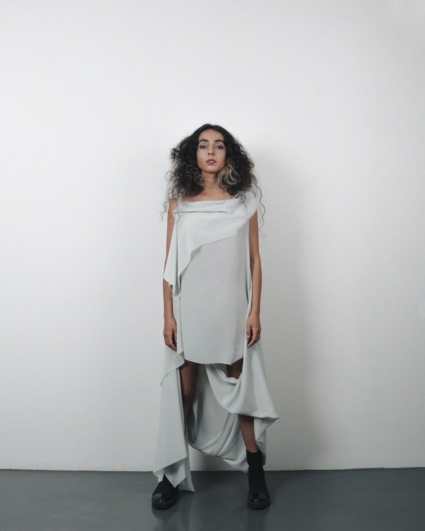 Model wearing Draped Wrapped Crepe Dress by SAHAR JABERIAN