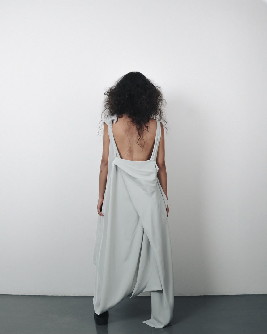 Model wearing Draped Wrapped Crepe Dress by SAHAR JABERIAN