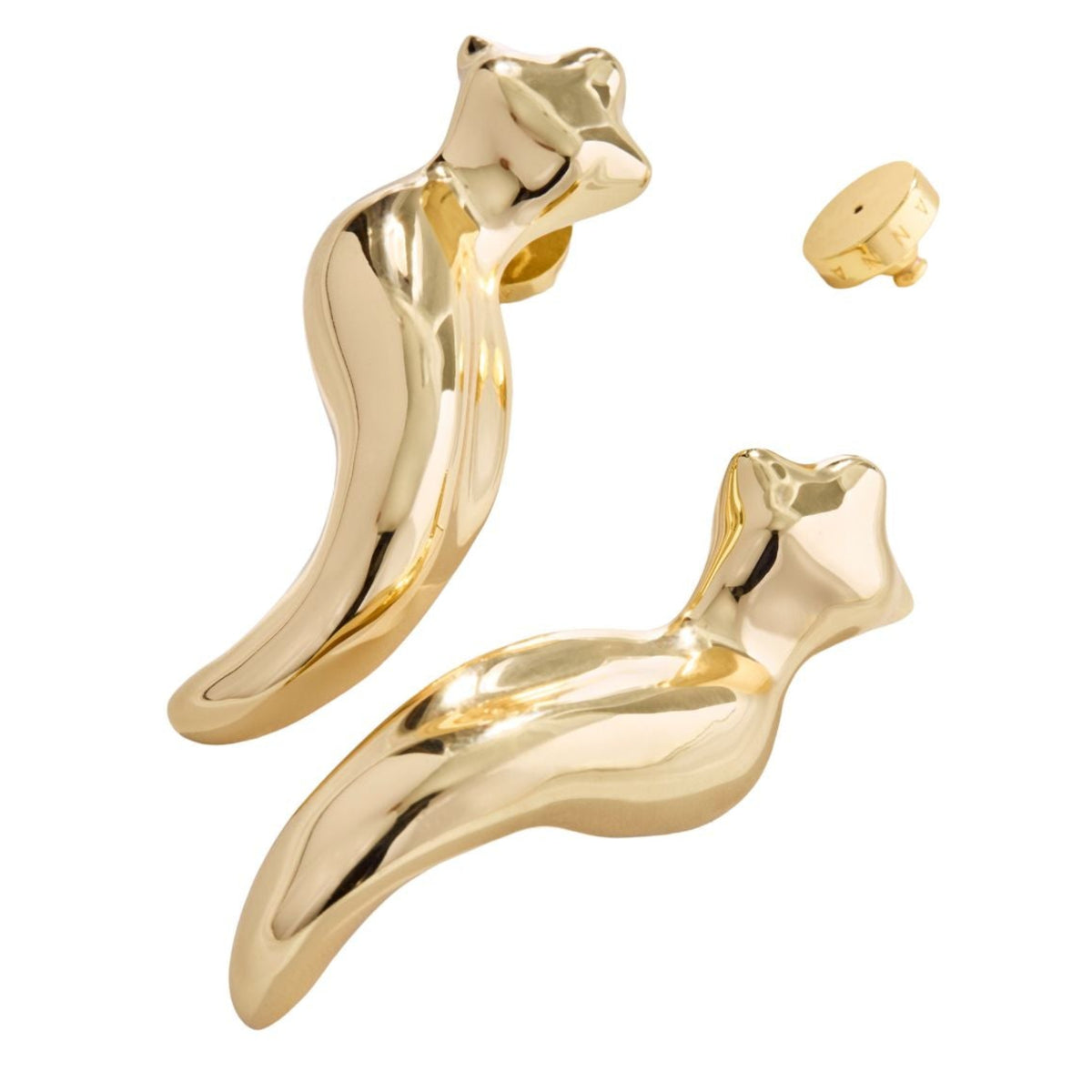 A pair of Gold Instinto Earrings from ANNA PRATA’s Corpo E Alma Collection, featuring shiny abstract gold shapes with rounded edges and matching backs, displayed on a white background.