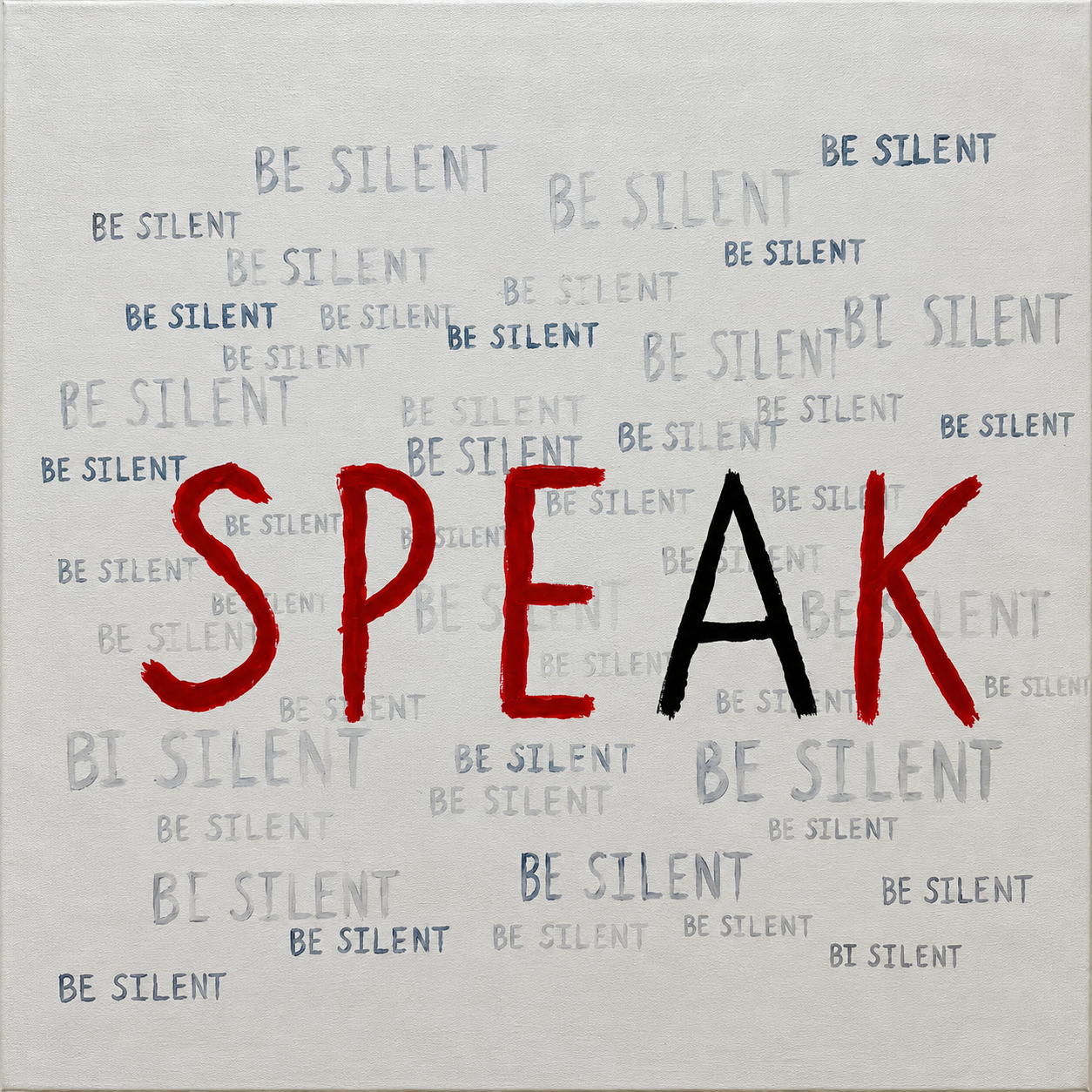 ALSU SHARM Imposed Silence, acrylic on canvas with the word SPEAK in red and black over repeated gray and blue BE SILENT text, 24 x 24 in, buy contemporary art at DOORS NYC