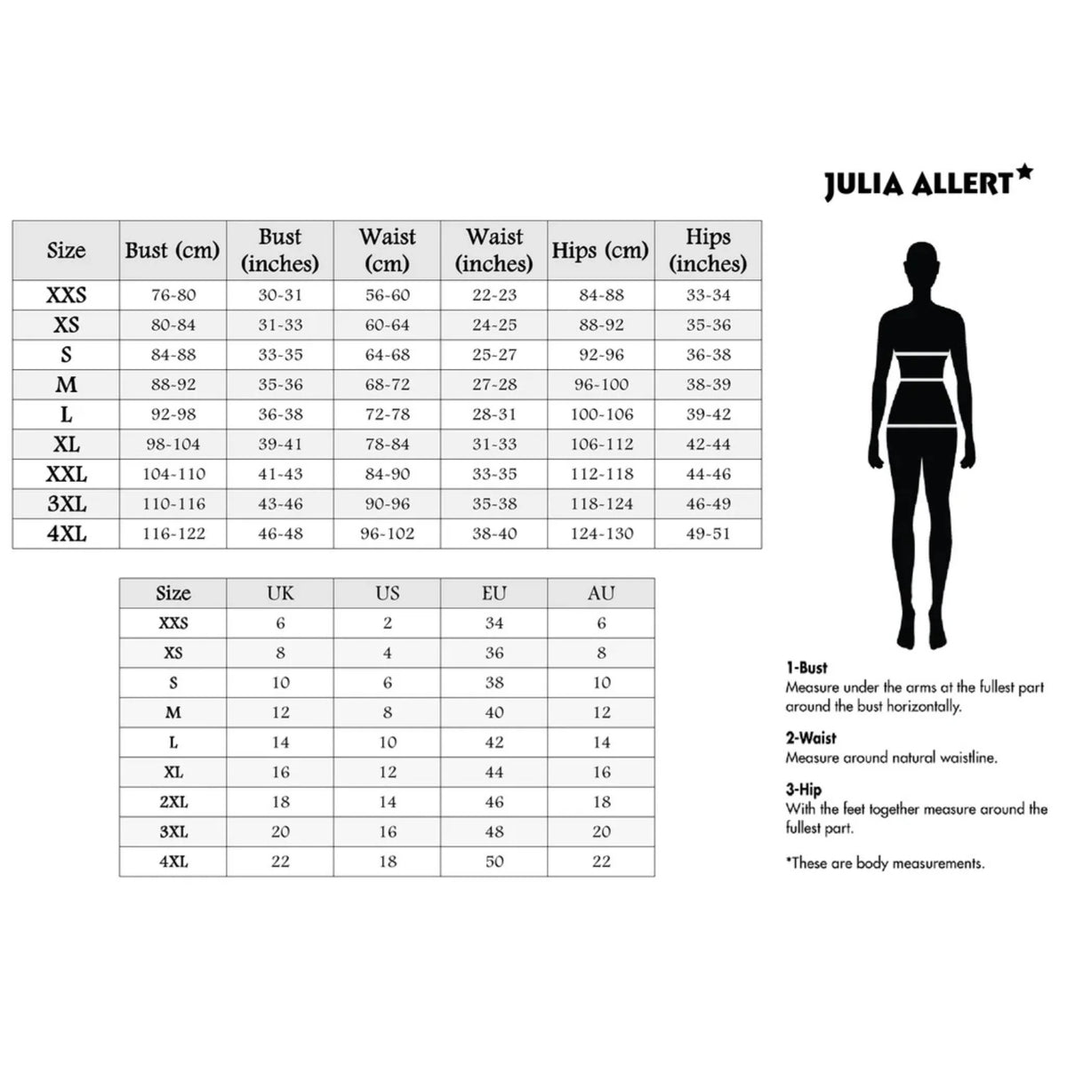 Explore the JULIA ALLERT size chart for the Statement Blouse With White Collar And Cuffs - Black, with bust, waist, and hip measurements (cm/in), sizes XXS-4XL, an international size guide, and a labeled body outline for your perfect fit.
